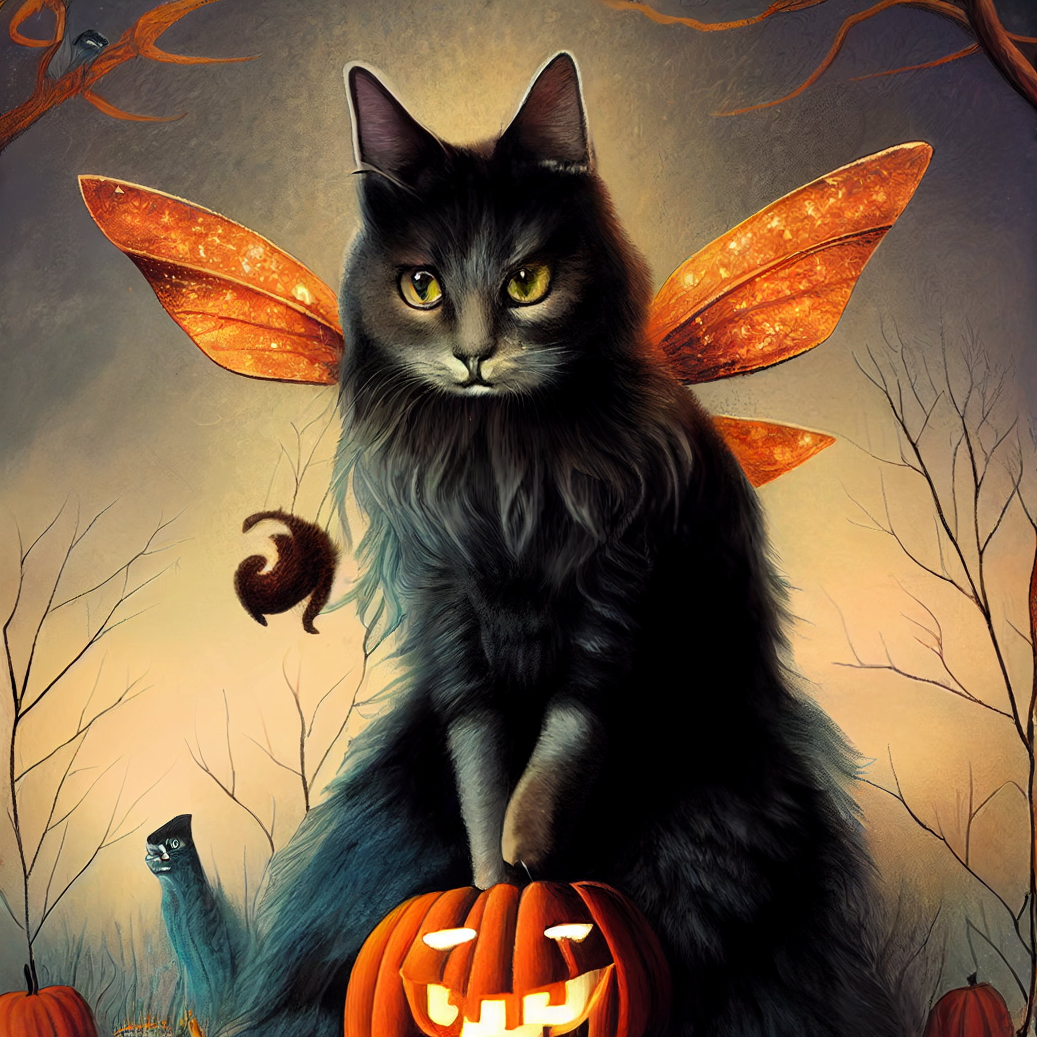 Some weird autumn cats - cat, Fantasy, Autumn, Art, Witches, Halloween, Animals, Longpost