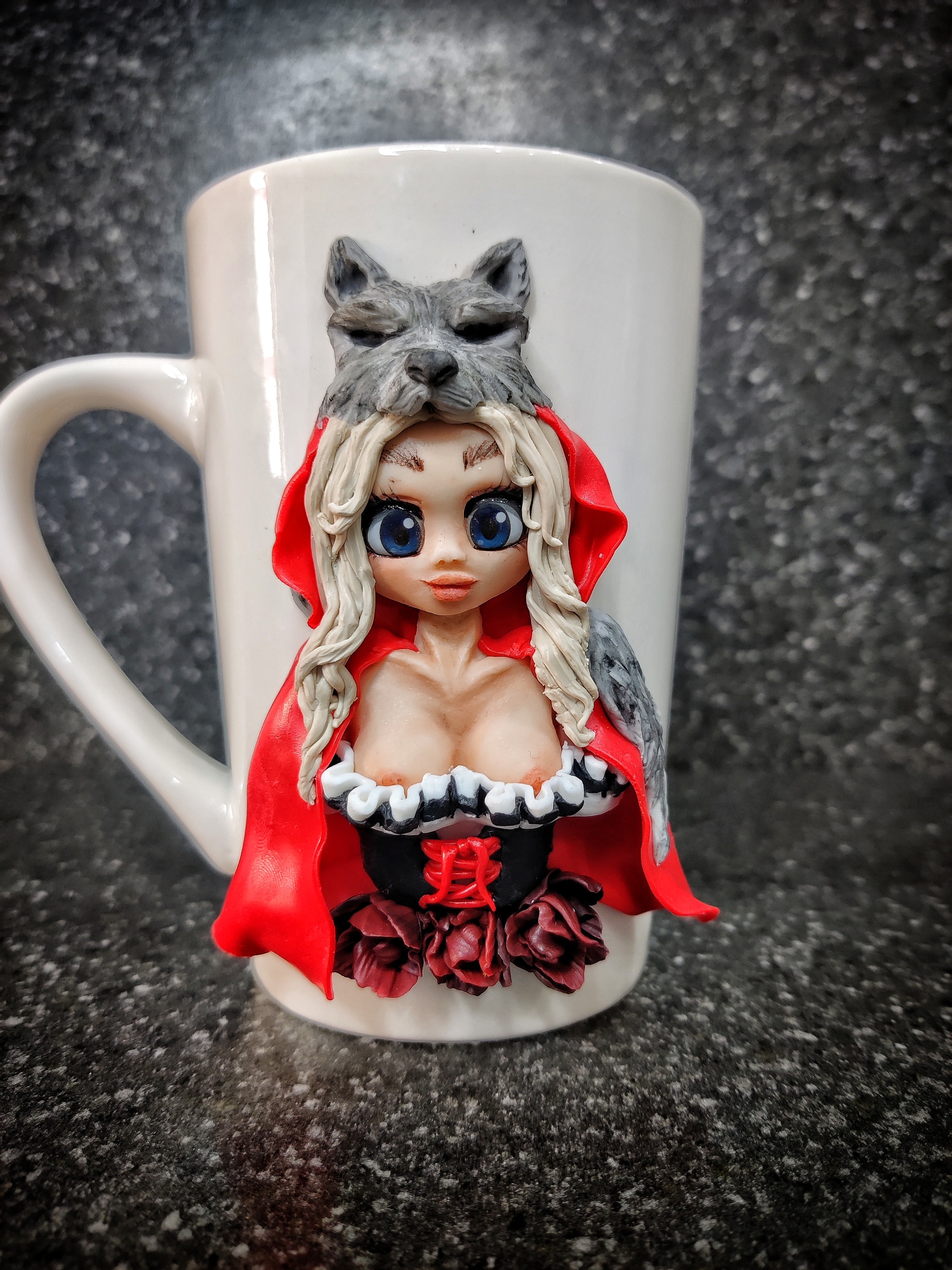 Mug with polymer clay decor - NSFW, My, Polymer clay, Mug with decor, Presents, Little Red Riding Hood, Longpost