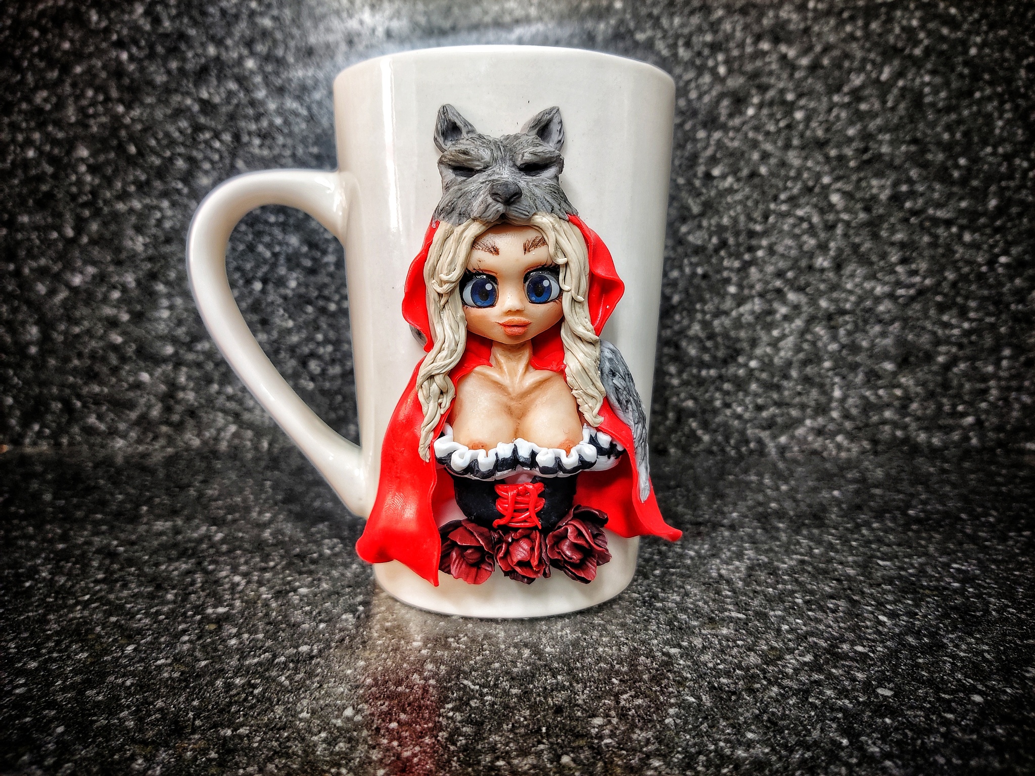 Mug with polymer clay decor - NSFW, My, Polymer clay, Mug with decor, Presents, Little Red Riding Hood, Longpost