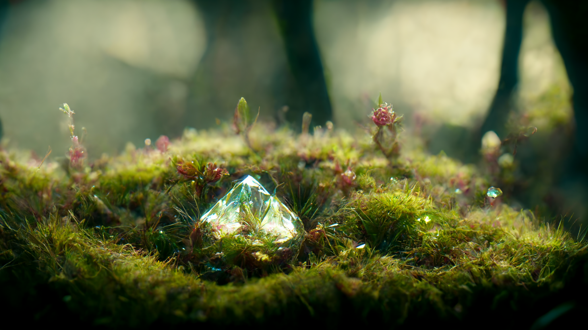 Gems in the moss - My, Нейронные сети, Midjourney, Illustrations, Macro photography, Landscape, Longpost