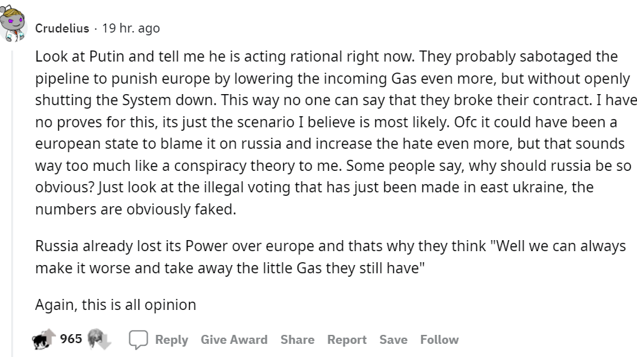 Comments from Reddit about sabotage on gas pipelines - Politics, Gas, Nord Stream, Nord Stream-2, Reddit, Screenshot, Video, Longpost