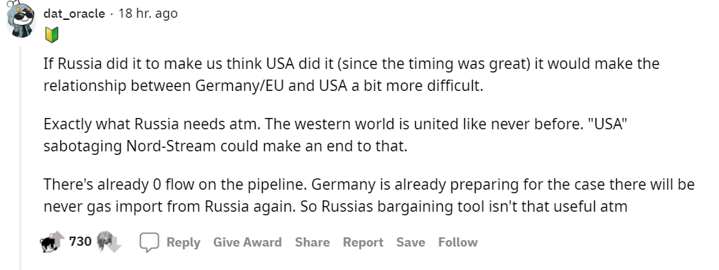 Comments from Reddit about sabotage on gas pipelines - Politics, Gas, Nord Stream, Nord Stream-2, Reddit, Screenshot, Video, Longpost