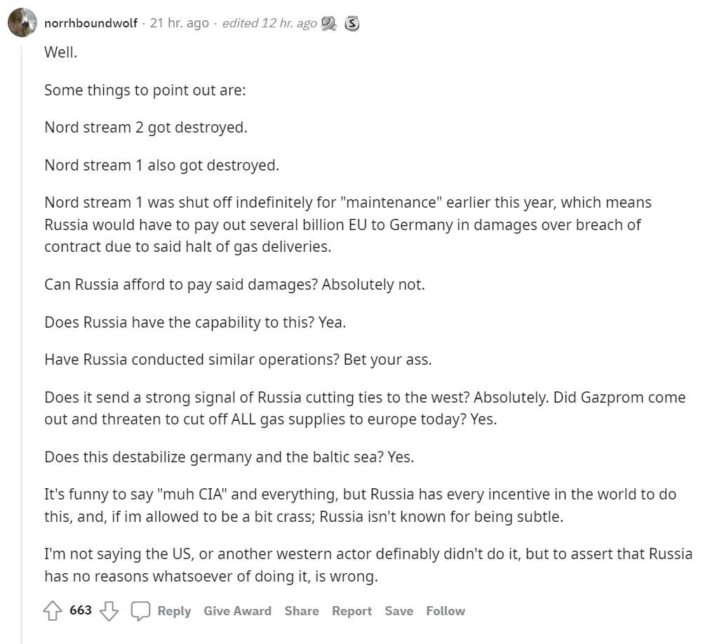 Comments from Reddit about sabotage on gas pipelines - Politics, Gas, Nord Stream, Nord Stream-2, Reddit, Screenshot, Video, Longpost