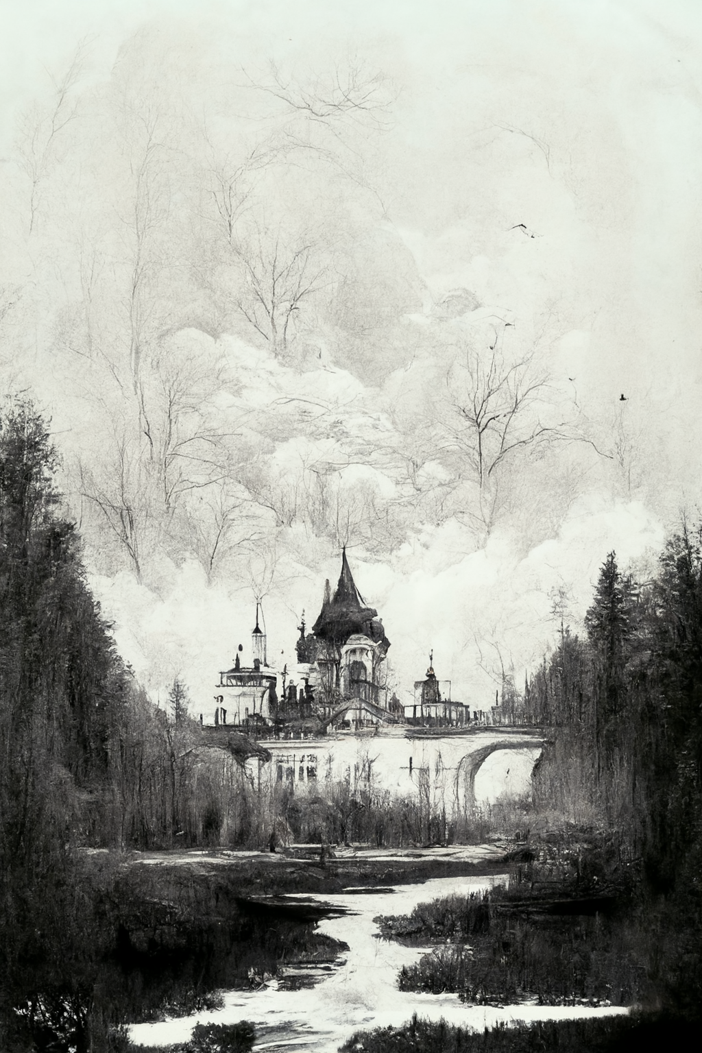 Graphite Melancholy by Opeth. - My, Нейронные сети, Midjourney, Illustrations, Graphics, Pencil drawing, Landscape, Longpost