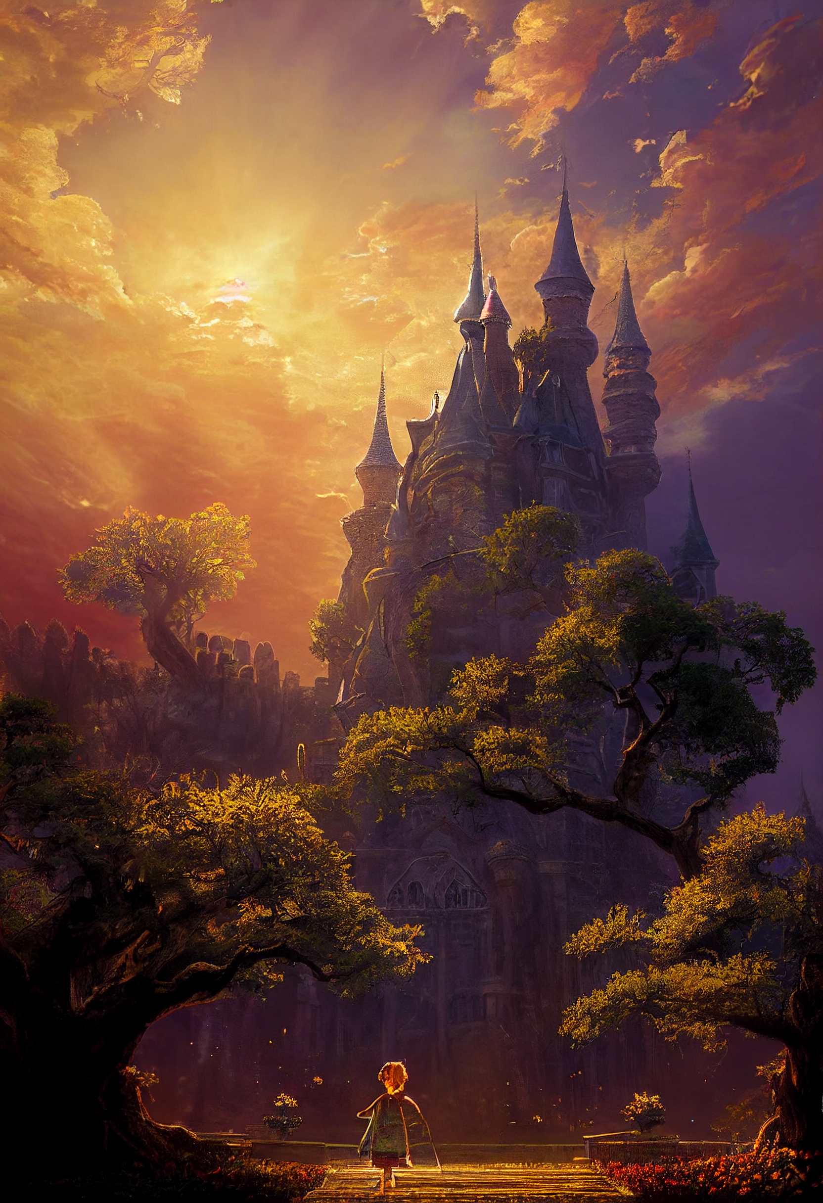 sunset castles - Нейронные сети, Midjourney, Illustrations, Locks, Landscape, Fantasy, Longpost