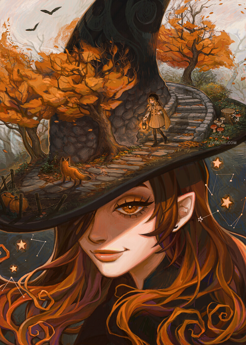 Spiral - Drawing, Girls, Witch, Autumn, Stairs, Spiral, Fox, Art, Ivy Dolamore