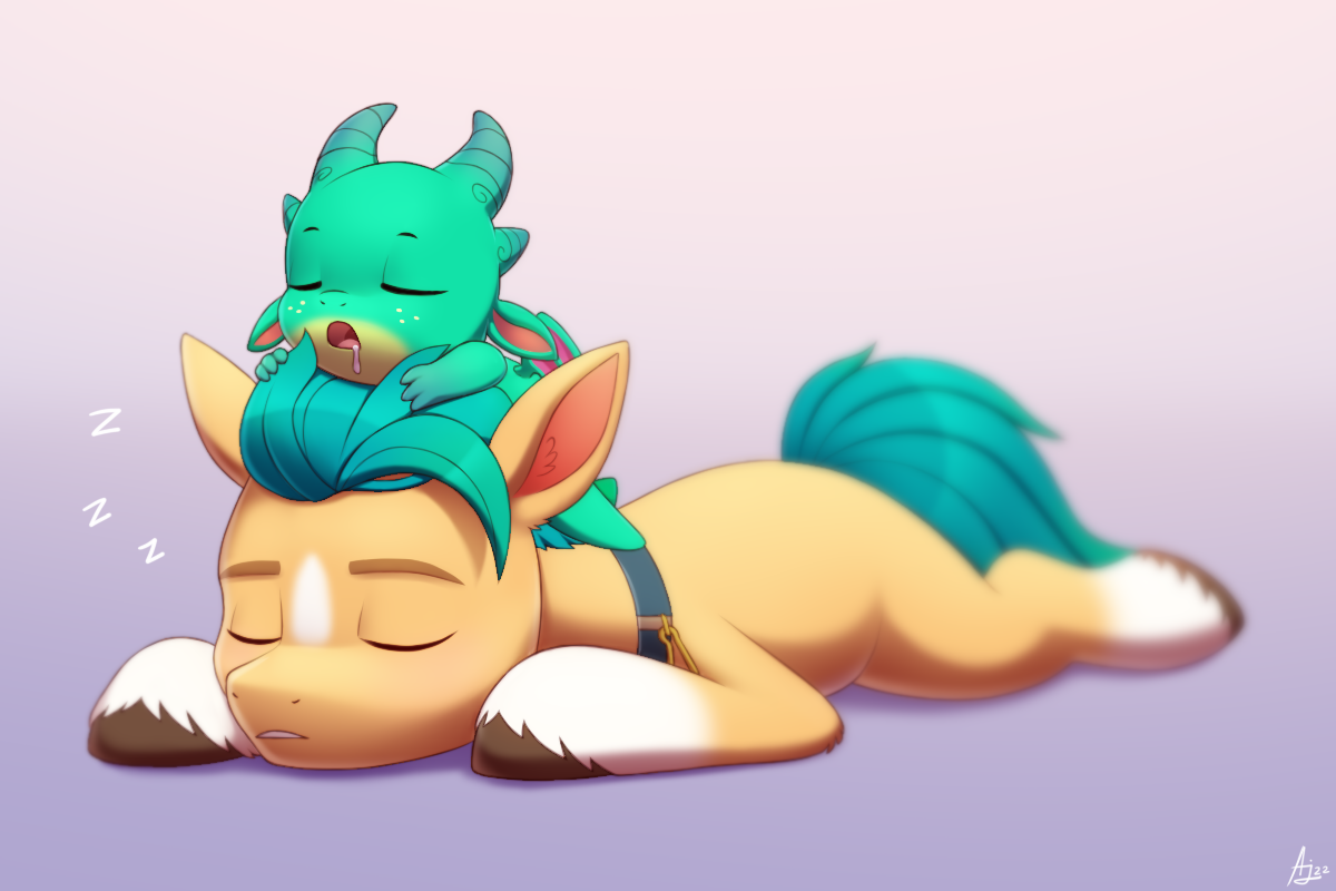 Dragons need sleep too - My little pony, Hitch trailblazer, Sparky Sparkeroni, PonyArt, Art