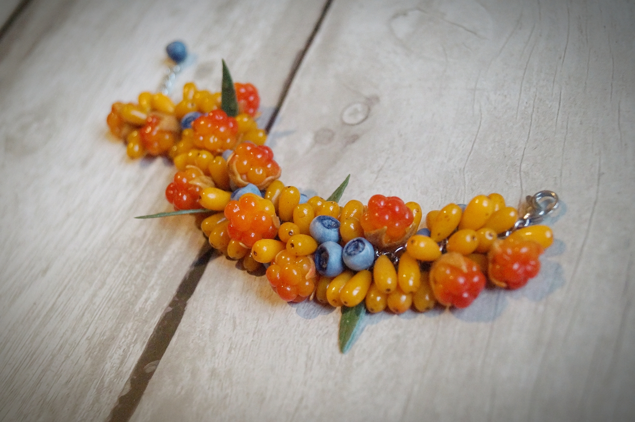 Handmade bracelet made of polymer clay - My, Polymer clay, Лепка, Needlework without process, Cloudberry, Sea buckthorn, Decoration, Women, Girls, beauty, Nature, Creation, Handmade, Berries, Longpost