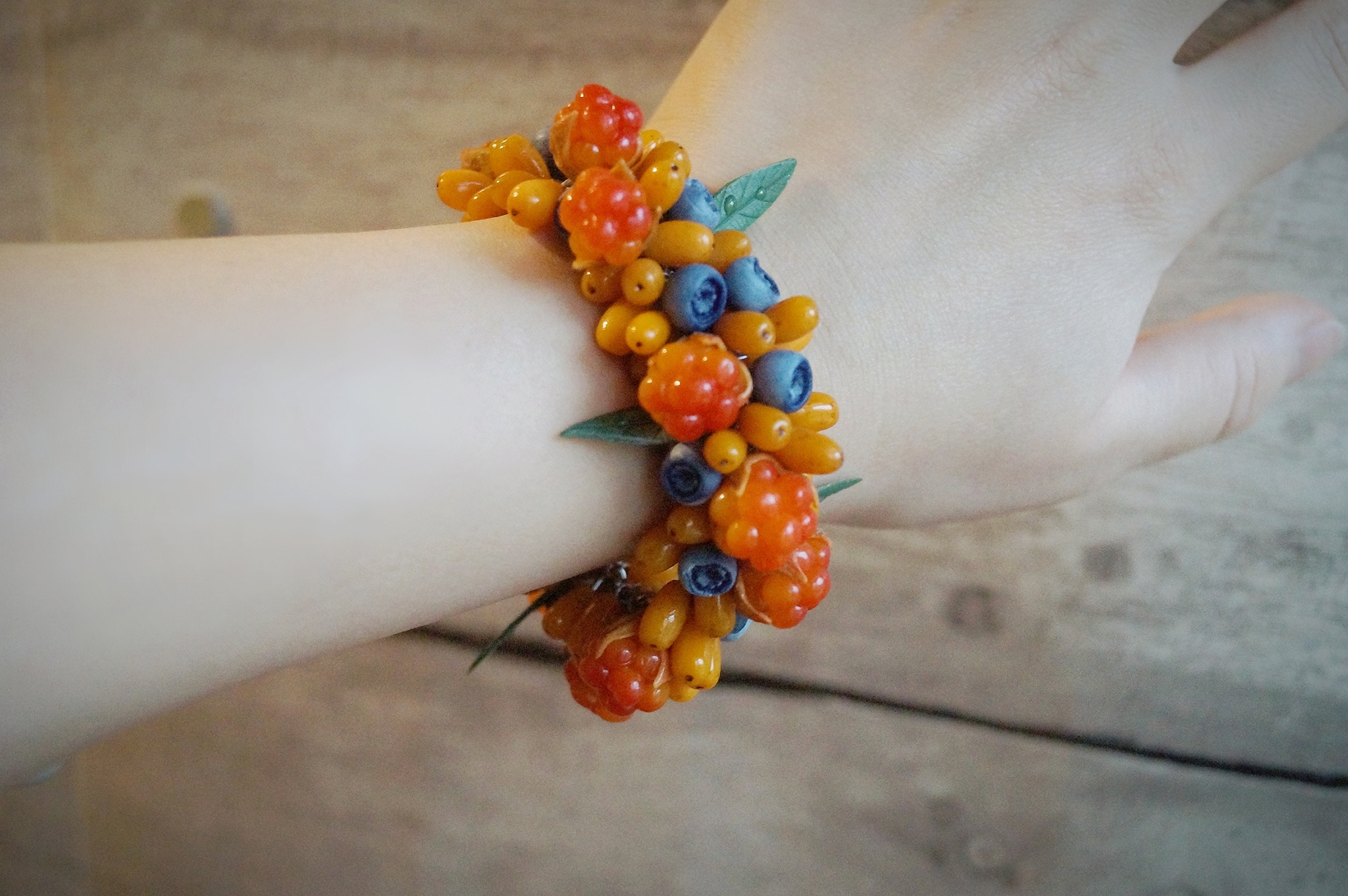 Handmade bracelet made of polymer clay - My, Polymer clay, Лепка, Needlework without process, Cloudberry, Sea buckthorn, Decoration, Women, Girls, beauty, Nature, Creation, Handmade, Berries, Longpost