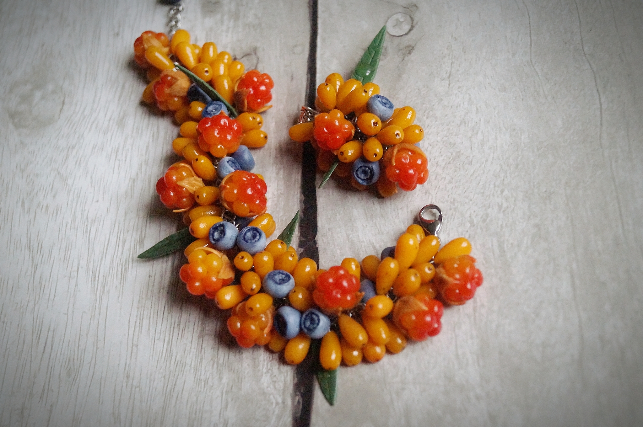 Handmade bracelet made of polymer clay - My, Polymer clay, Лепка, Needlework without process, Cloudberry, Sea buckthorn, Decoration, Women, Girls, beauty, Nature, Creation, Handmade, Berries, Longpost