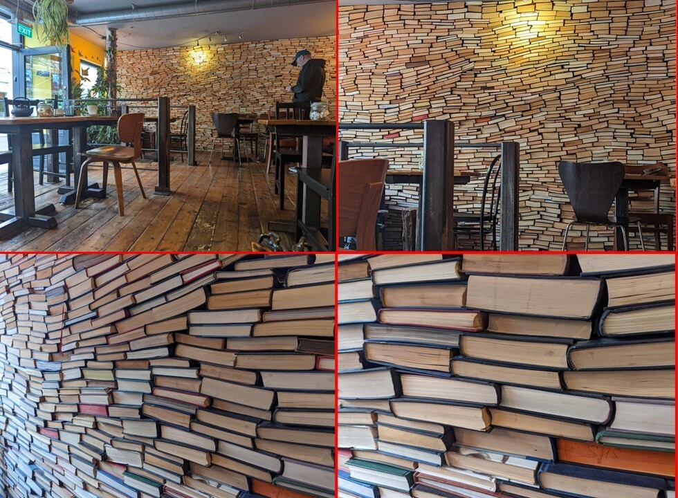 Wallpaper in a coffee shop from real, full-size books - coffee house, Wall, Wallpaper, Books, Great Britain, Reddit, The photo