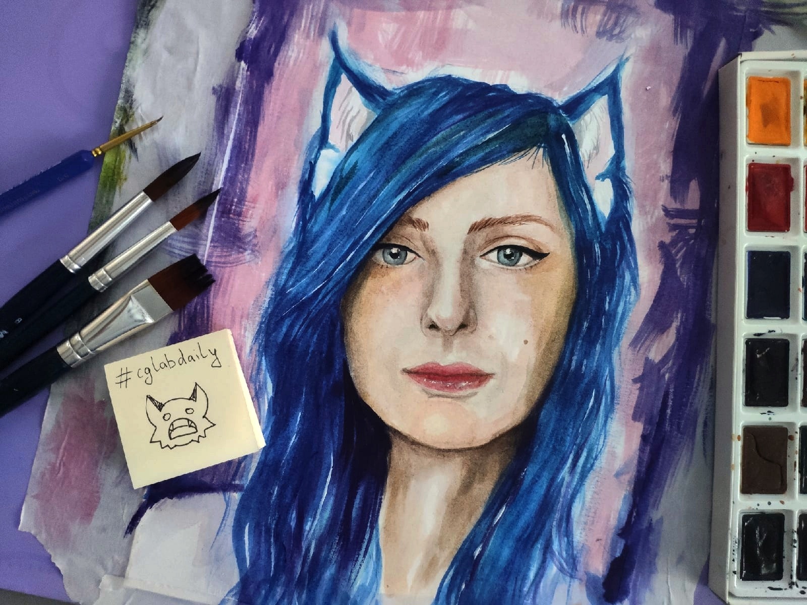 eared portrait - My, Painting, With your own hands, Sketch, Process, Watercolor, Drawing, Portrait, Portrait by photo, Artist, Ears, Eared, Cosplay, Cosplayers, Traditional art, Longpost