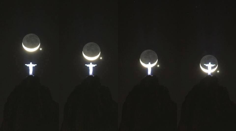 Moon and Venus behind Christ the Redeemer in Rio de Janeiro, Brazil - moon, Venus, Brazil, Rio de Janeiro