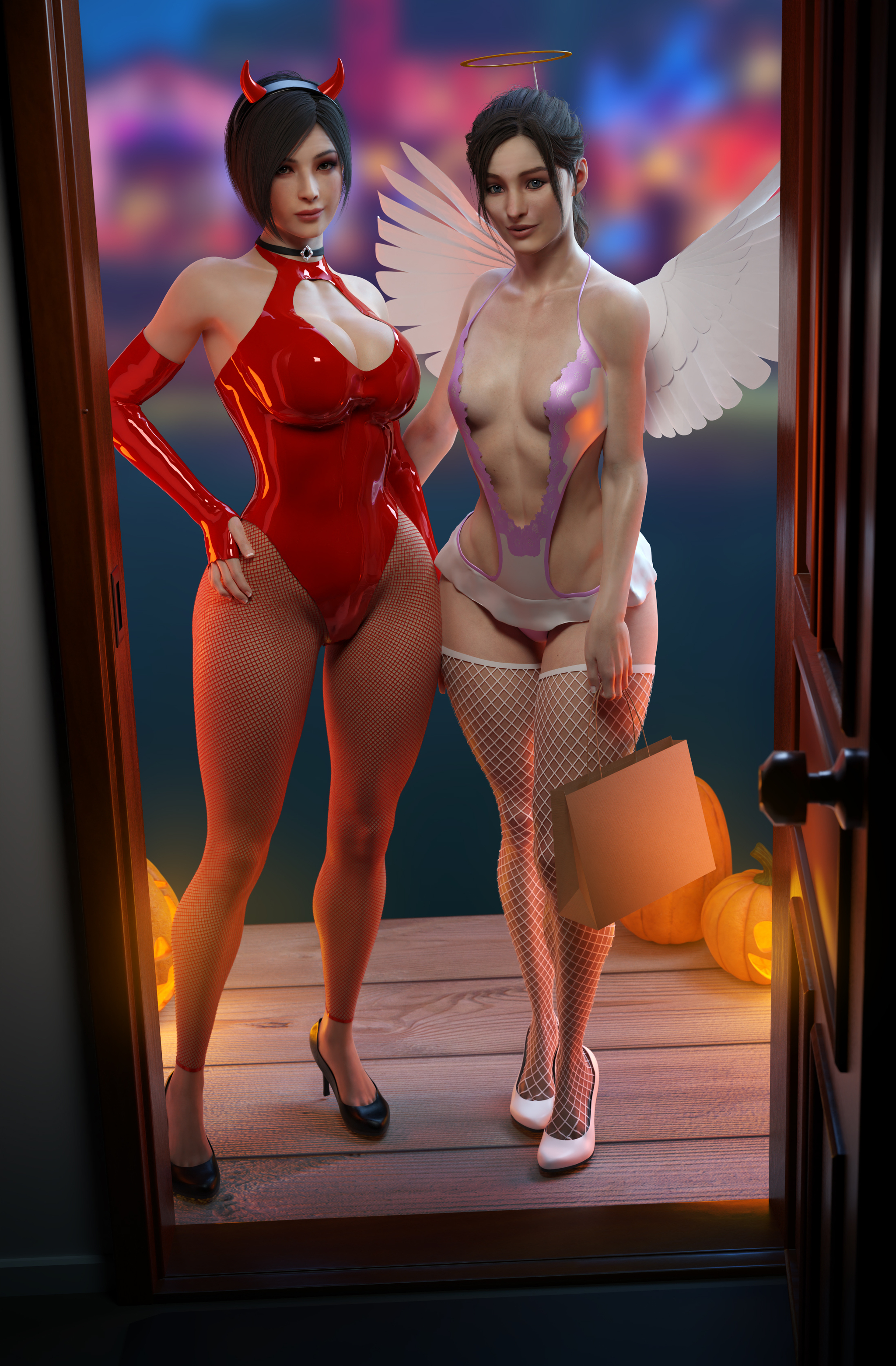 Ada Wong and Claire Redfield - NSFW, Эротика, Арт, Ada Wong, Claire Redfield, Resident Evil, 3D, Девушки, Сиськи, Хэллоуин, Чулки, Тыква