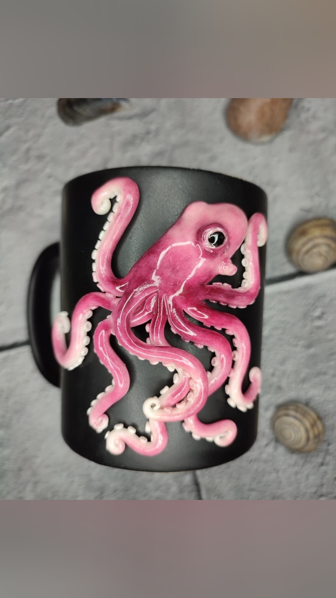 Octopuses.. Did you know that an octopus has as many as 3 hearts, and they can also be trained!? - My, Polymer clay, Mug with decor