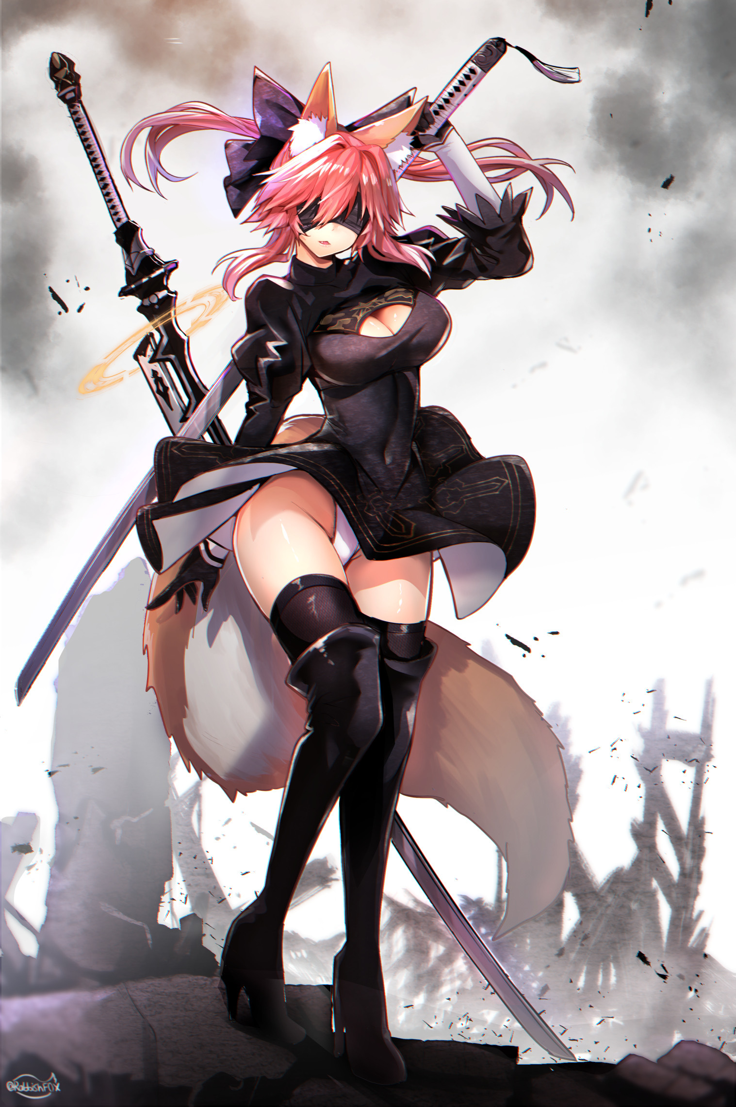 eared android - NSFW, Wisespeak, Art, Anime, Anime art, Hand-drawn erotica, Fate, Fate grand order, NIER Automata, Yorha unit No 2 type B, Crossover, Pantsu, Kitsune, Animal ears, Tamamo no mae