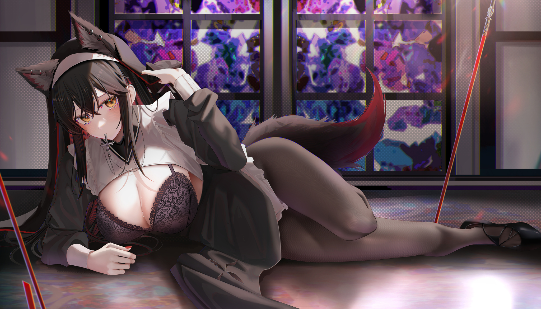 Nun Texas (Дополнение) - NSFW, Аниме, Anime Art, Arknights, Texas (Arknights), Ru zhai, Сиськи, Колготки, Animal Ears, Рисованная эротика, Эротика, Длиннопост, Монашка