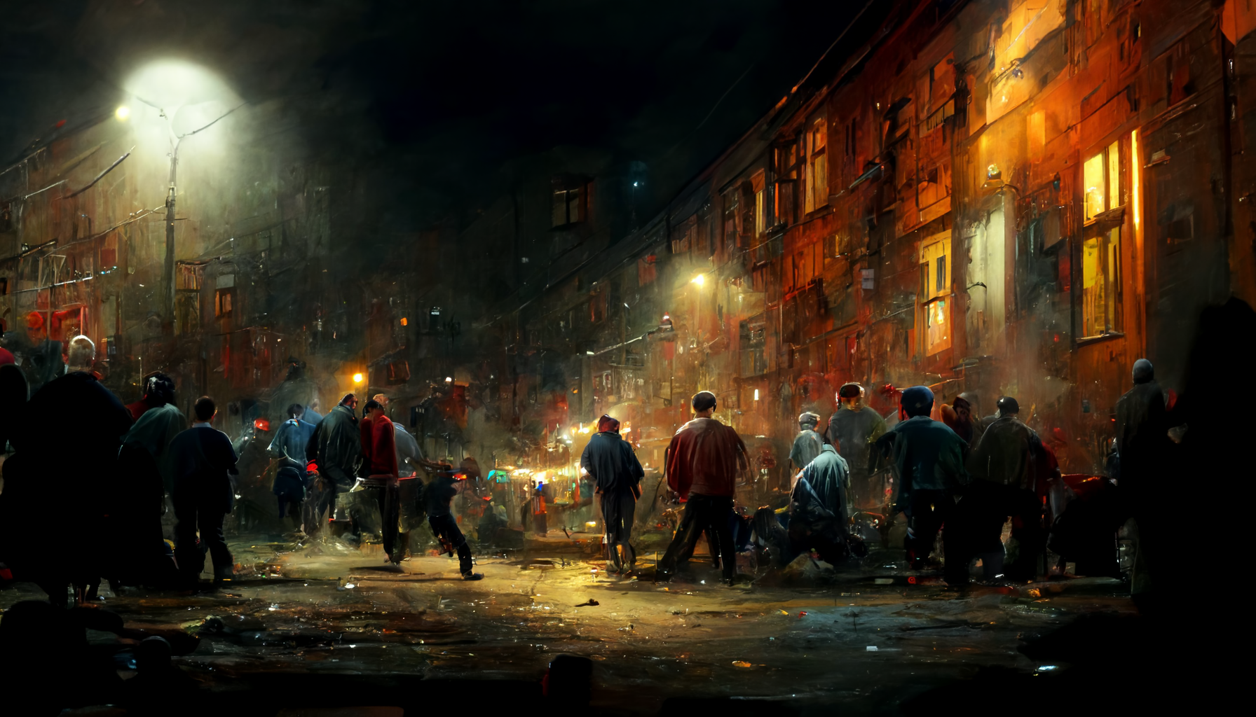 Evil district from the midjourney neural network - Нейронные сети, Artificial Intelligence, Midjourney, Art, District, Gopniks, Fight, Night city, Longpost