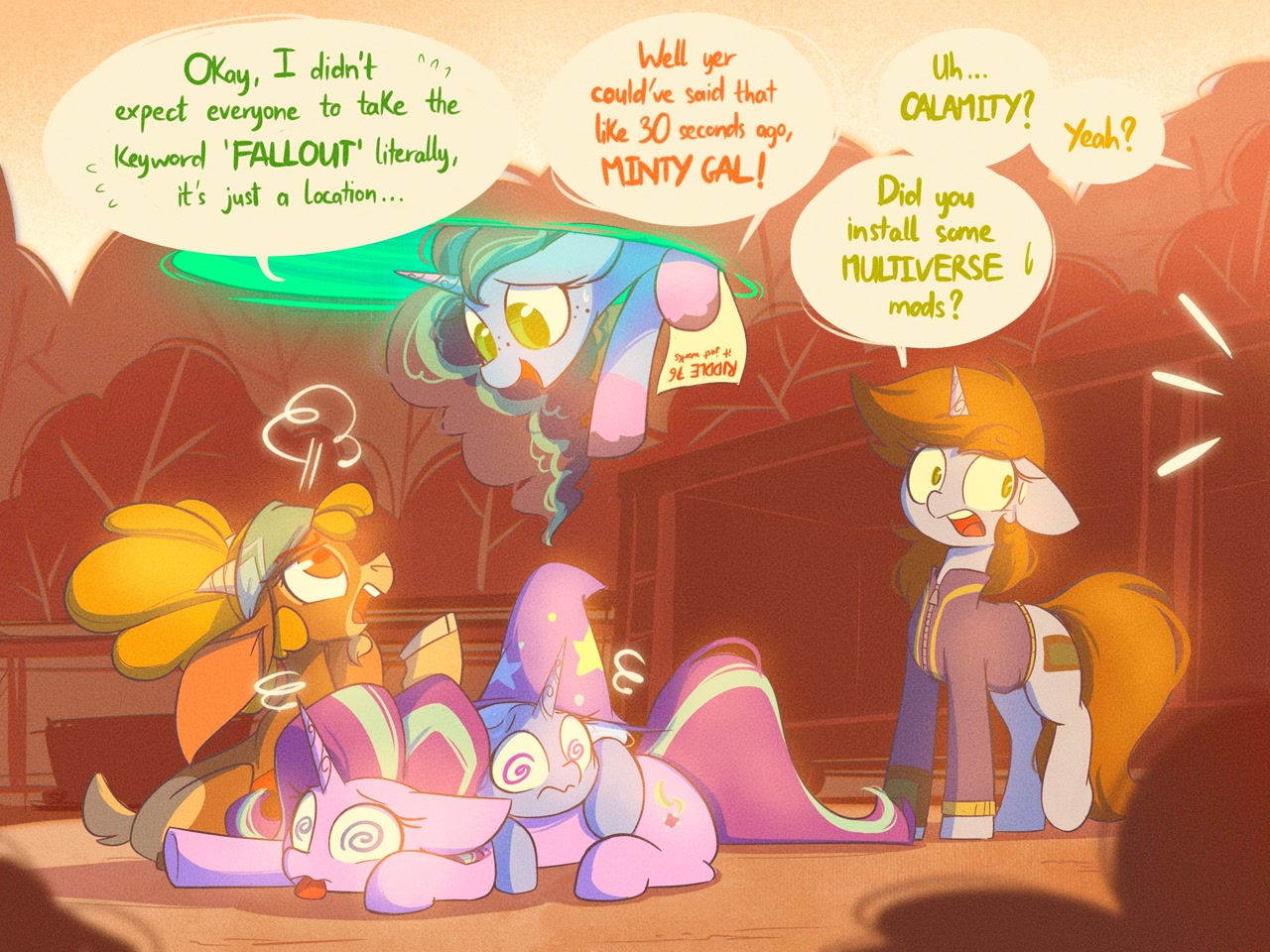 Okay, I thought Fallout was just a location... - My little pony, Trixie, Starlight Glimmer, Littlepip, Misty(g5), Scribble-potato