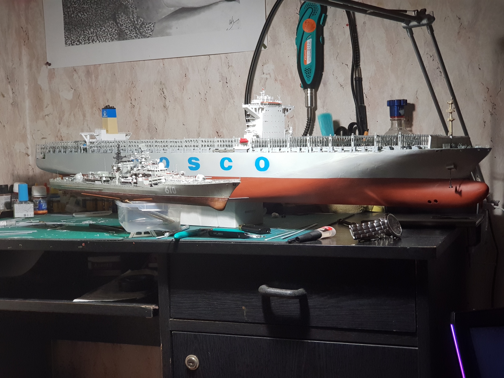 1:350 COSCO container ship - My, Scale model, Vessel, Ship, Modeling, Collection, Miniature, Painting miniatures, Collecting, Longpost