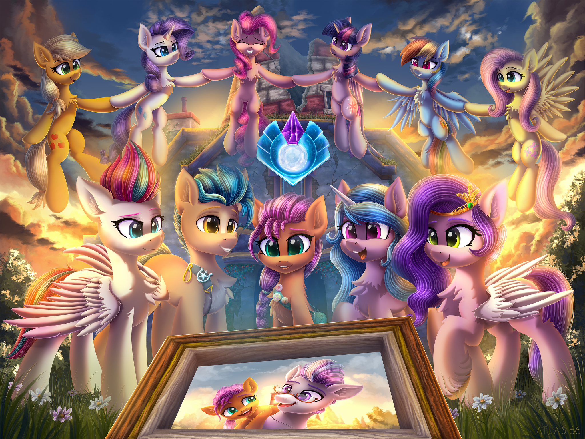 Ponies of the past and future - My little pony, Rainbow dash, Fluttershy, Twilight sparkle, Applejack, Rarity, Sunny starscout, Izzy Moonbow, Zipp storm, Pipp petals, Hitch trailblazer, PonyArt, Art, Atlas-66