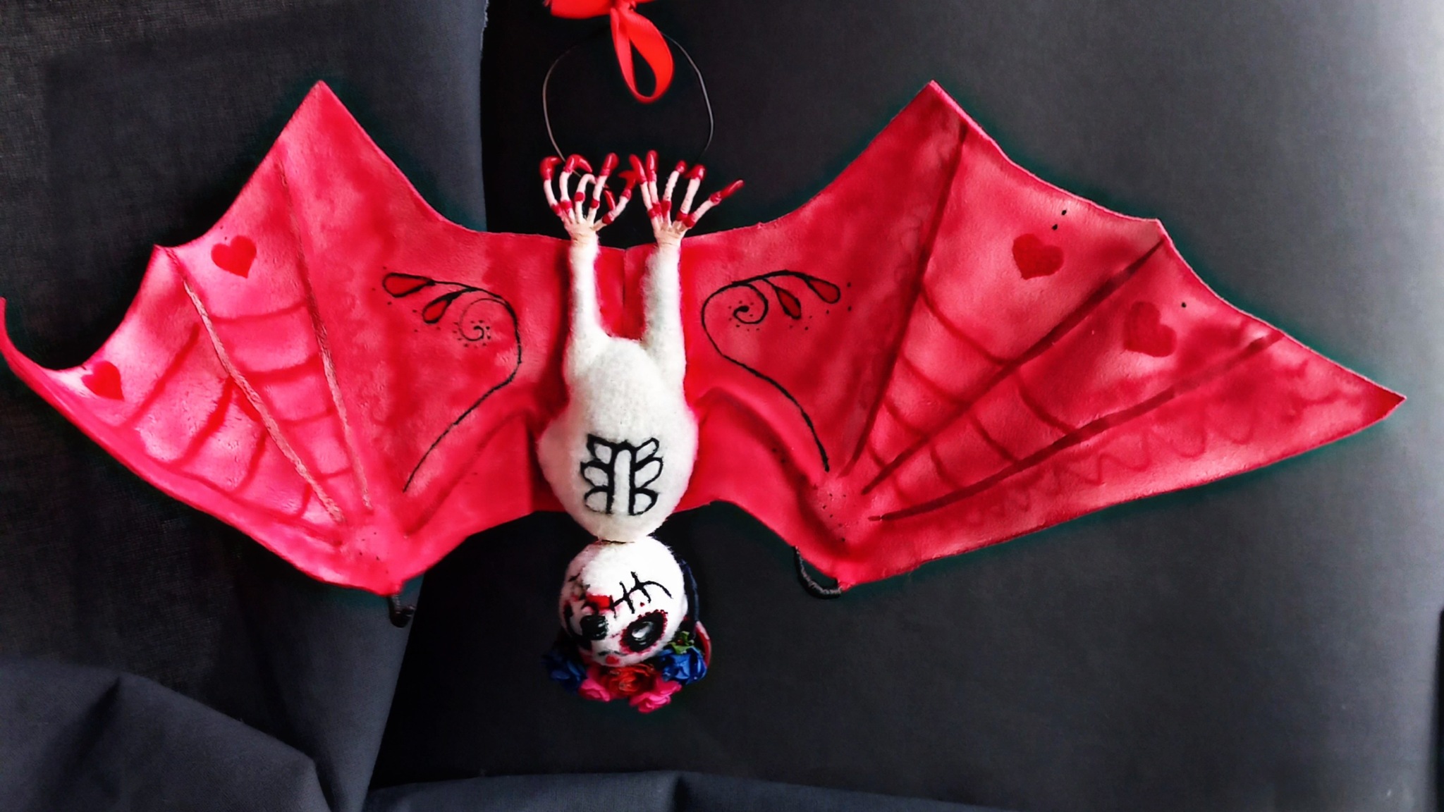 Bat toy in the style of Calavera Katrina - My, Handmade, Needlework without process, Hobby, Soft toy, Author's toy, Plush Toys, Milota, Wool toy, Frame toy, Interior toy, Needlework, Rukozhop, Handmade dolls, The day of the Dead, All Saints' Day, Gothic, Mystic, Fantasy, Presents, Longpost, Halloween