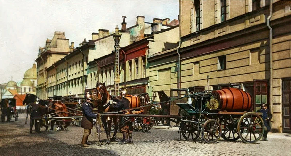 How were fires extinguished under the tsar? Fire Department of the Russian Empire - My, Colorization, Story, The photo, Firefighters, Old photo, Longpost, Saint Petersburg