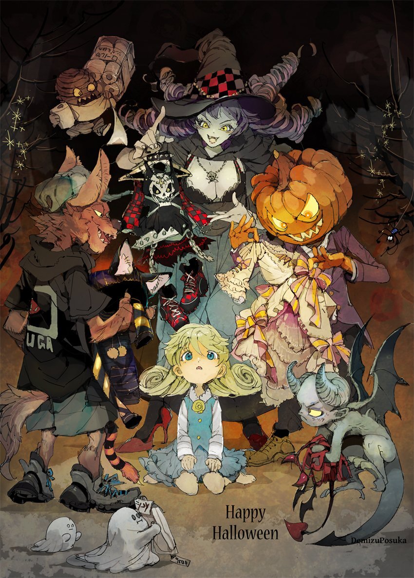 Хэллоуин - Арт, Аниме, Anime Art, Yakusoku no Neverland, Norman (Yakusoku no Neverland), Ray (Yakusoku no Neverland), Demizu Posuka, Хэллоуин, Ведьмы, Оборотни, Jackolantern, Мумия, Грибы, Сладости, Animal Ears, Длиннопост, Тыква на Хэллоуин