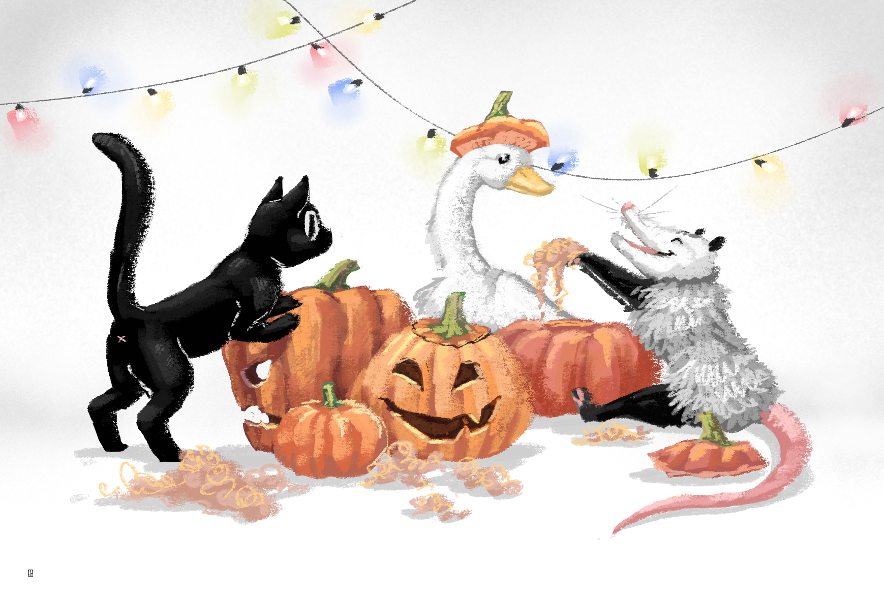 Pumpkins! - My, Painting, Inktober, Artist, Drawing, Art, Halloween, Opossum, cat, Гусь