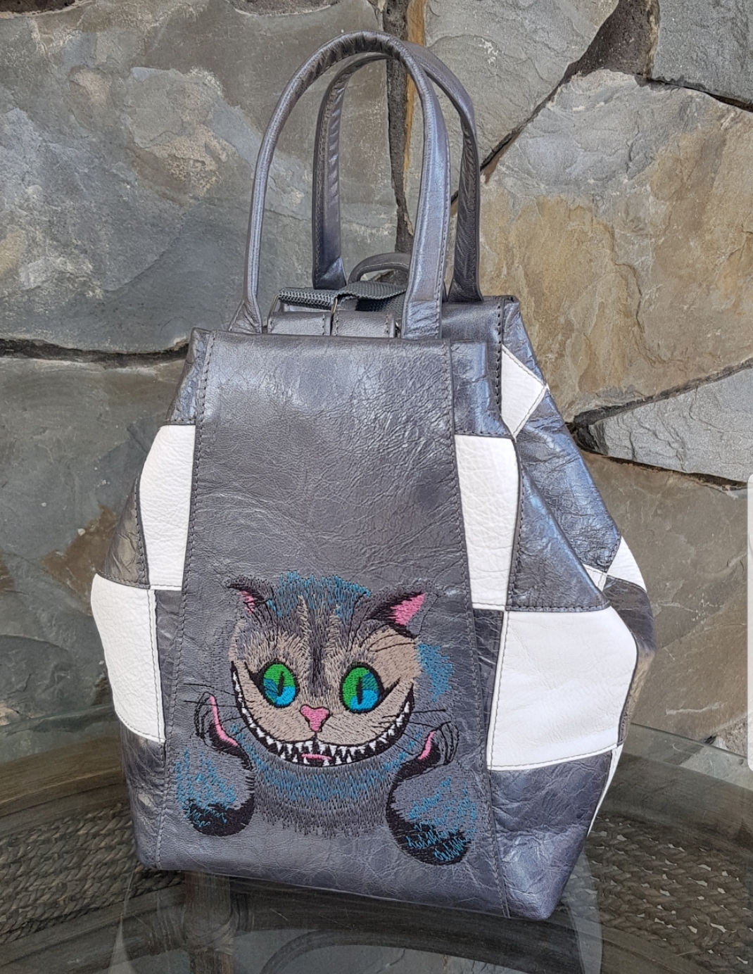 Cheshire cat on bags - My, With your own hands, Leather products, Leather, Sacvoyage, Machine embroidery, Cheshire Cat, Natural leather, Longpost, Needlework without process