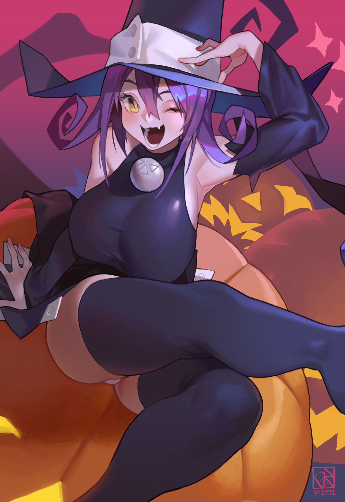 Have a busty Halloween to all! - NSFW, Halloween, Boobs, Hand-drawn erotica, Anime, Original character, Thighs, Stockings, Corset, Witches, Longpost, Soul eater, Blair