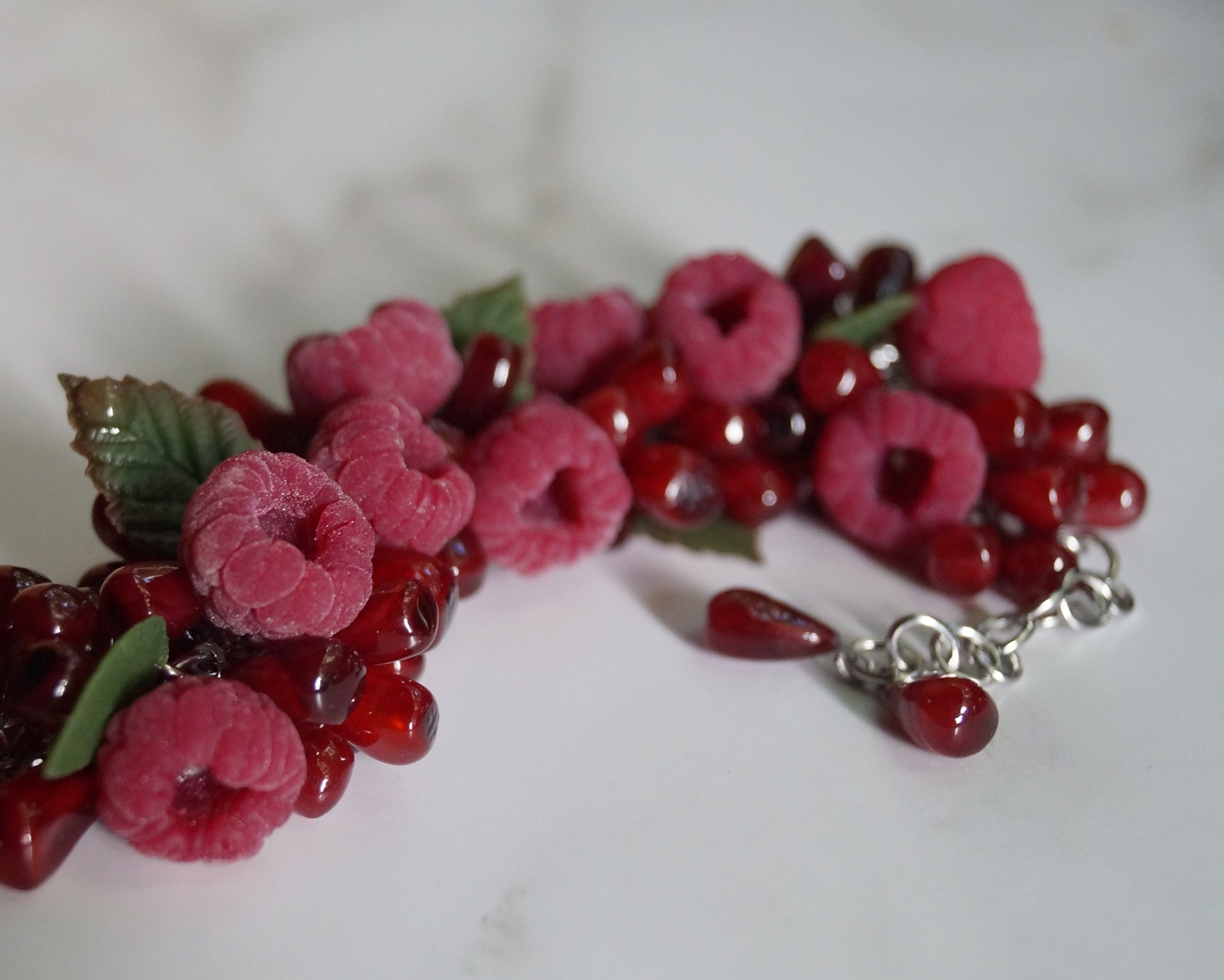 Velvet raspberry with pomegranate. Bracelet, completely handmade - My, Лепка, Polymer clay, Needlework without process, Raspberries, Garnet, With your own hands, Decoration, A bracelet, Creation, beauty, Longpost