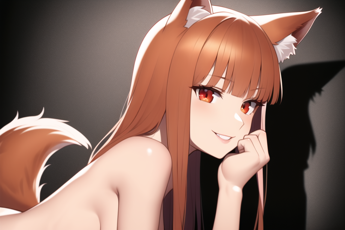 Holo The Wise She-Wolf by NovelAI - NSFW, My, Art, Нейронные сети, Artificial Intelligence, Girls, Anime, 2D, Stable diffusion, Longpost, Anime art, Boobs, Fantasy, Thighs, Sperm, Holo, Spice and Wolf