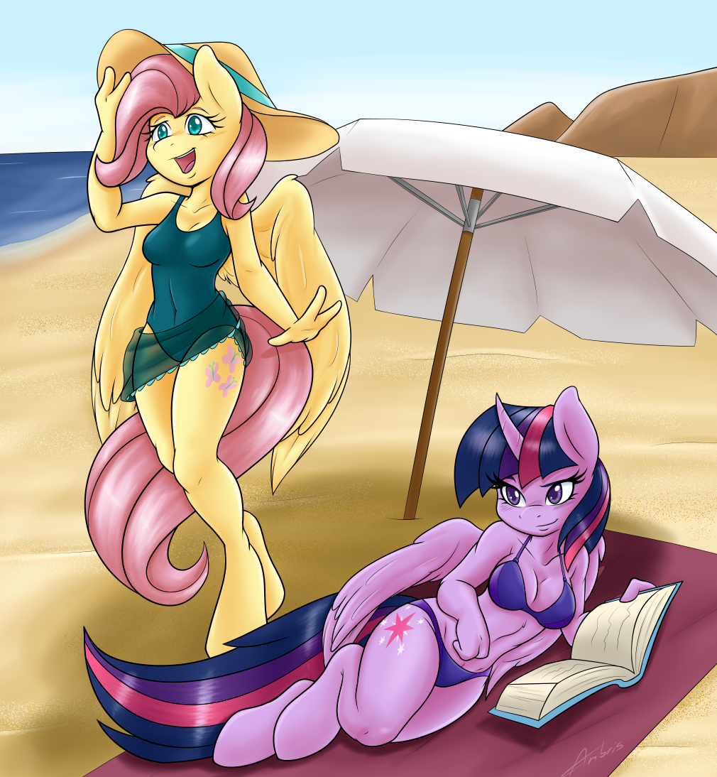 На пляже - My Little Pony, PonyArt, Twilight sparkle, Антро, Fluttershy, Ambris