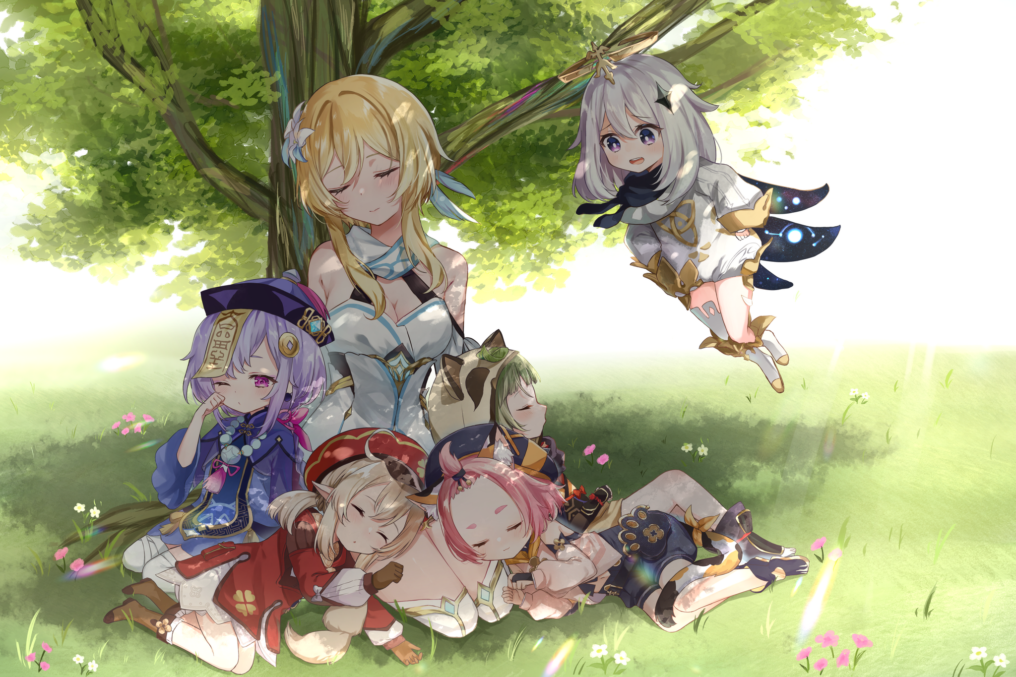 sleepy hour - Anime art, Genshin impact, Lumine, Qiqi, Klee, Diona, Paimon