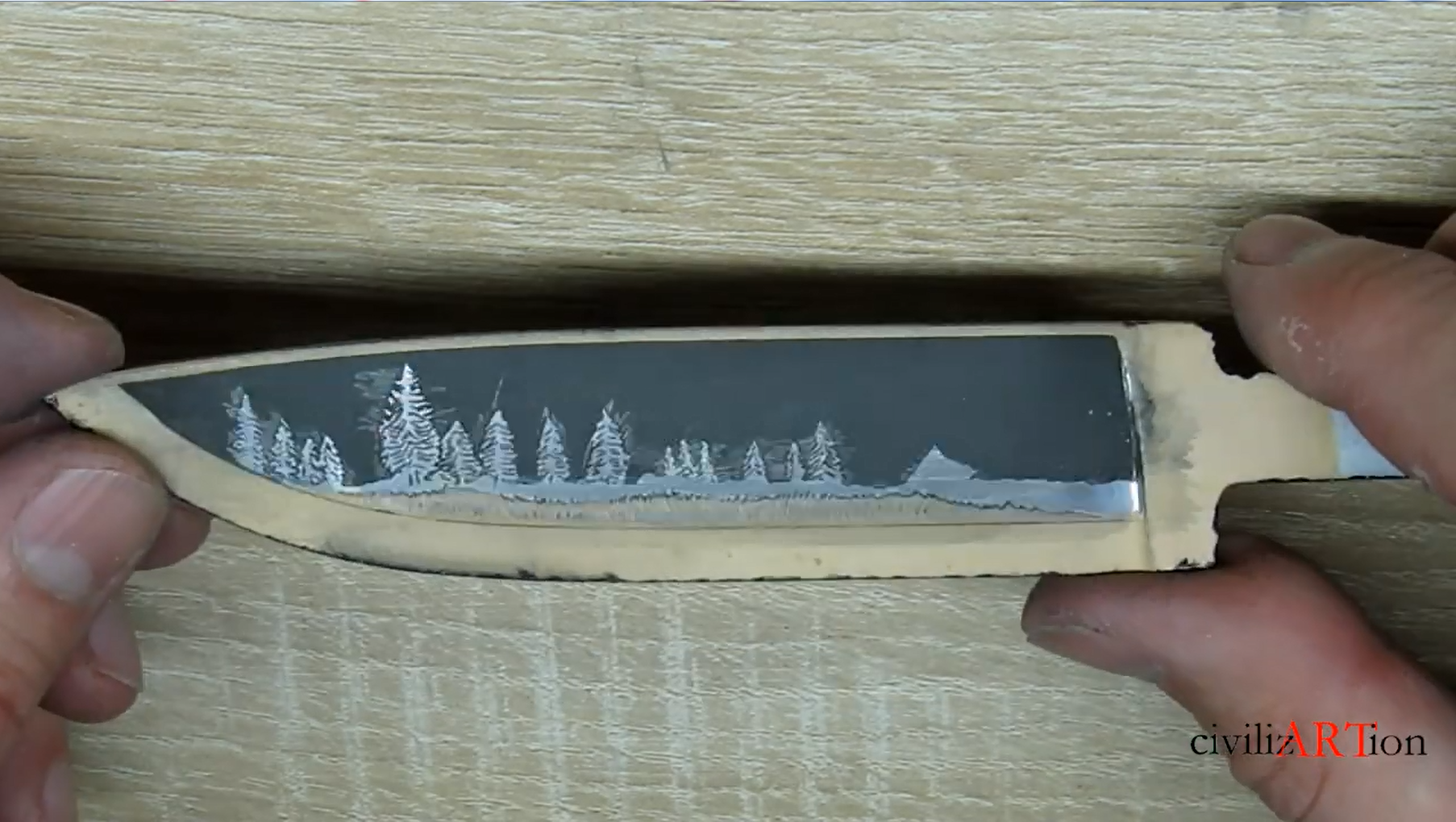 Four-layer etching of the blade. lighthouse and nature - My, Needlework with process, Knife, Etching, Drawing, Crafts, Customization, Metalworking, Woodworking, Decor, Metal products, Video, Youtube, Longpost, Knife makers