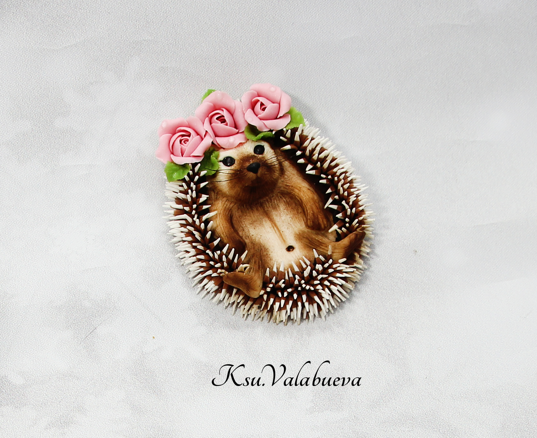 Brooch Hedgehog with roses - My, Polymer clay, Hedgehog, Brooch, Handmade, Decoration, Needlework, Needlework without process, the Rose