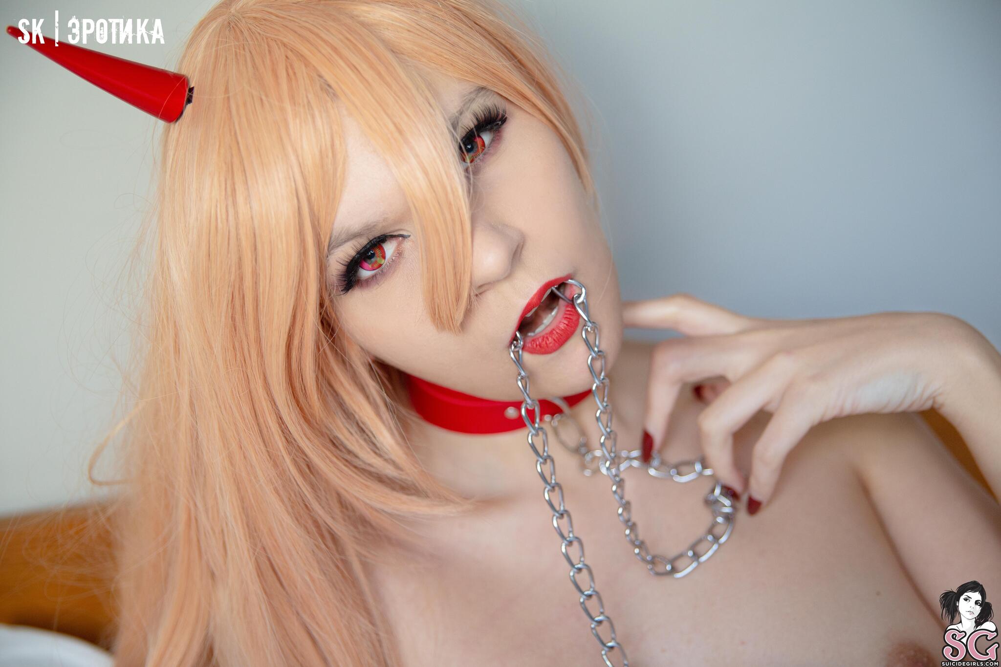 Lallupyon - Devil Temptation - NSFW, The photo, Girls, Erotic, Boobs, Booty, Women, Art, Nudity, Underwear, Without underwear, Pubis, Topless, Strip, Hips, Choker, Fangs, Chain, Longpost, Suicide girls