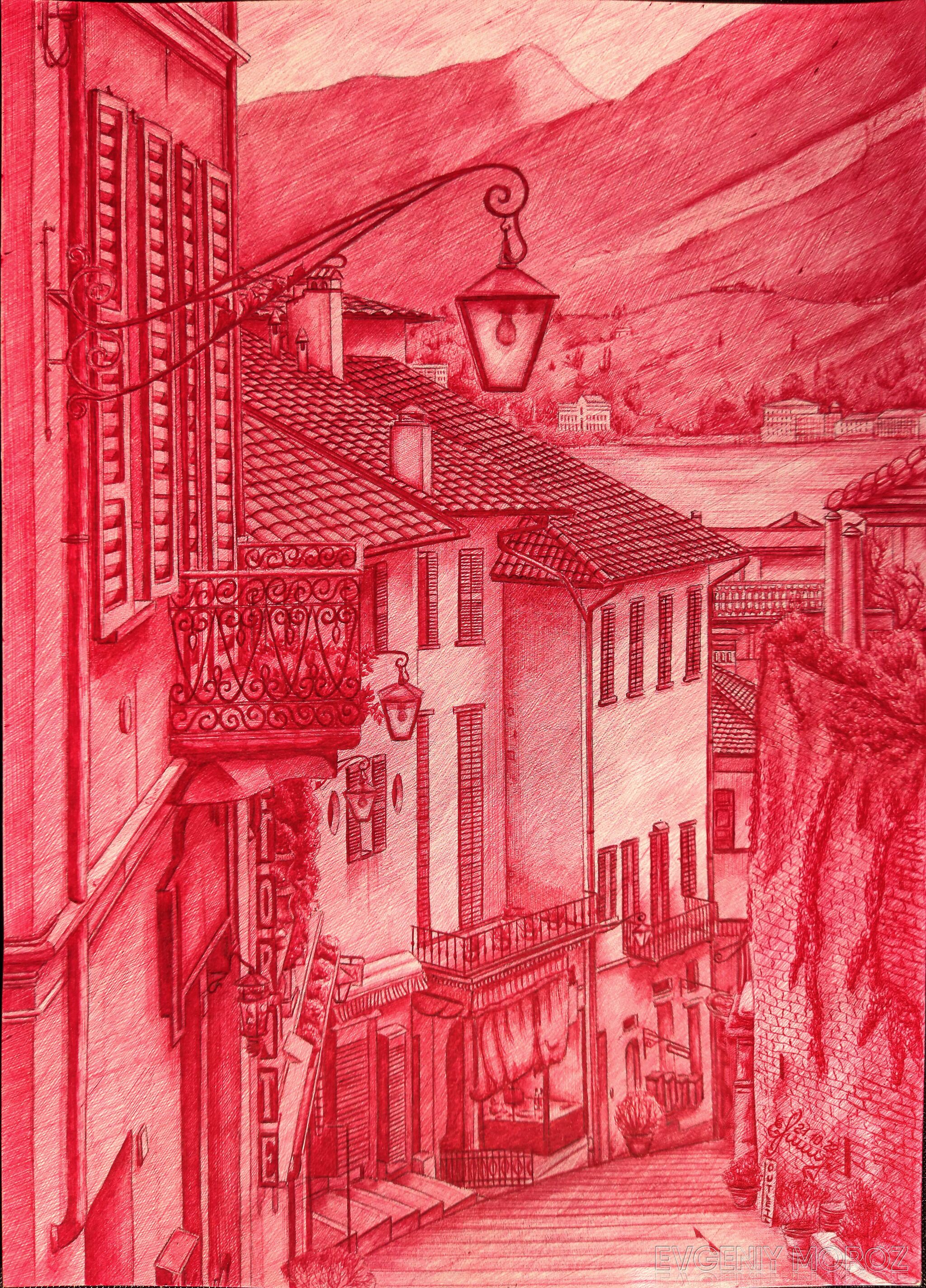 Italian landscape. Red pen drawing - My, Drawing, Hobby, Italy, Longpost, Pen drawing, Drawing process, Red