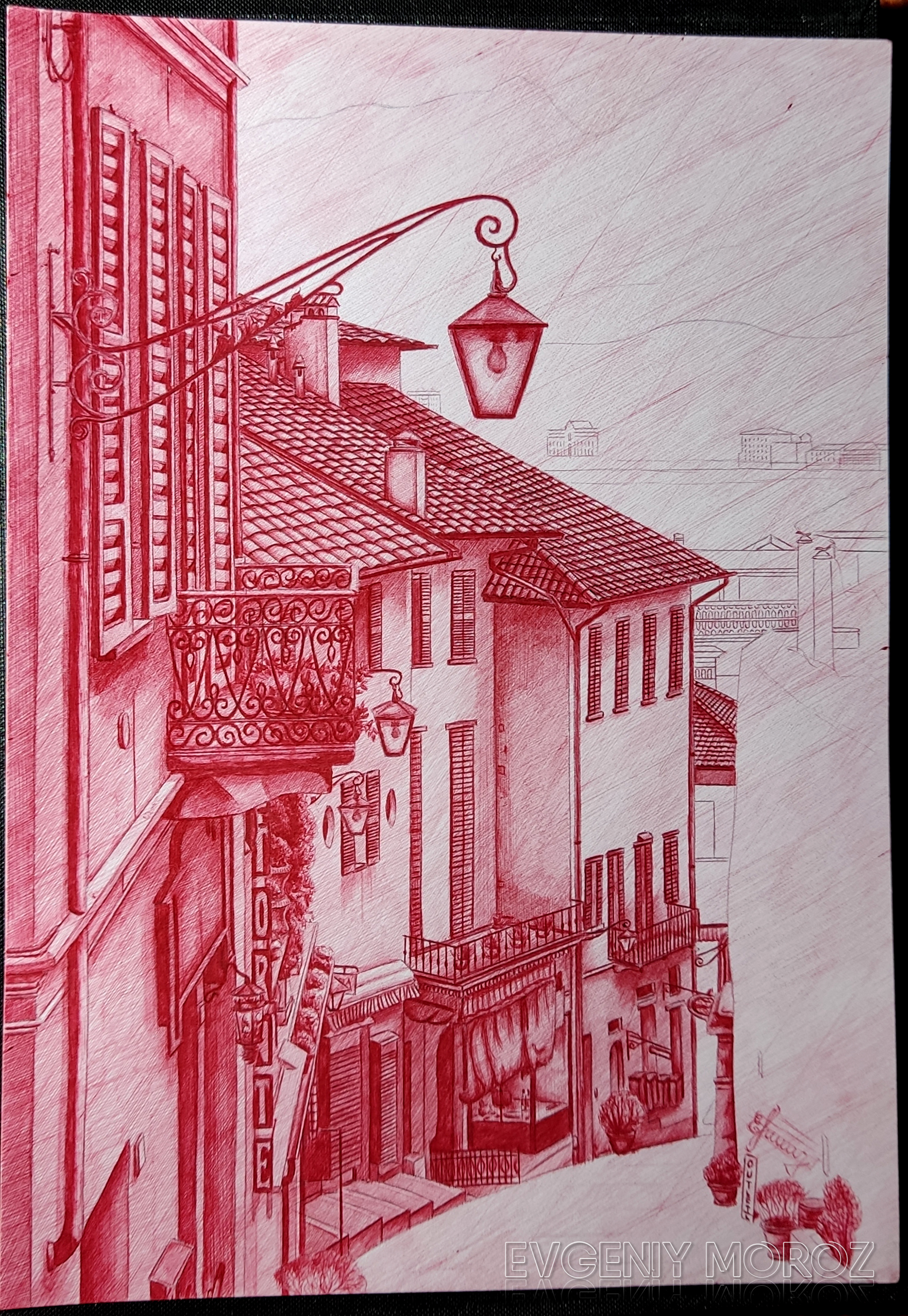 Italian landscape. Red pen drawing - My, Drawing, Hobby, Italy, Longpost, Pen drawing, Drawing process, Red