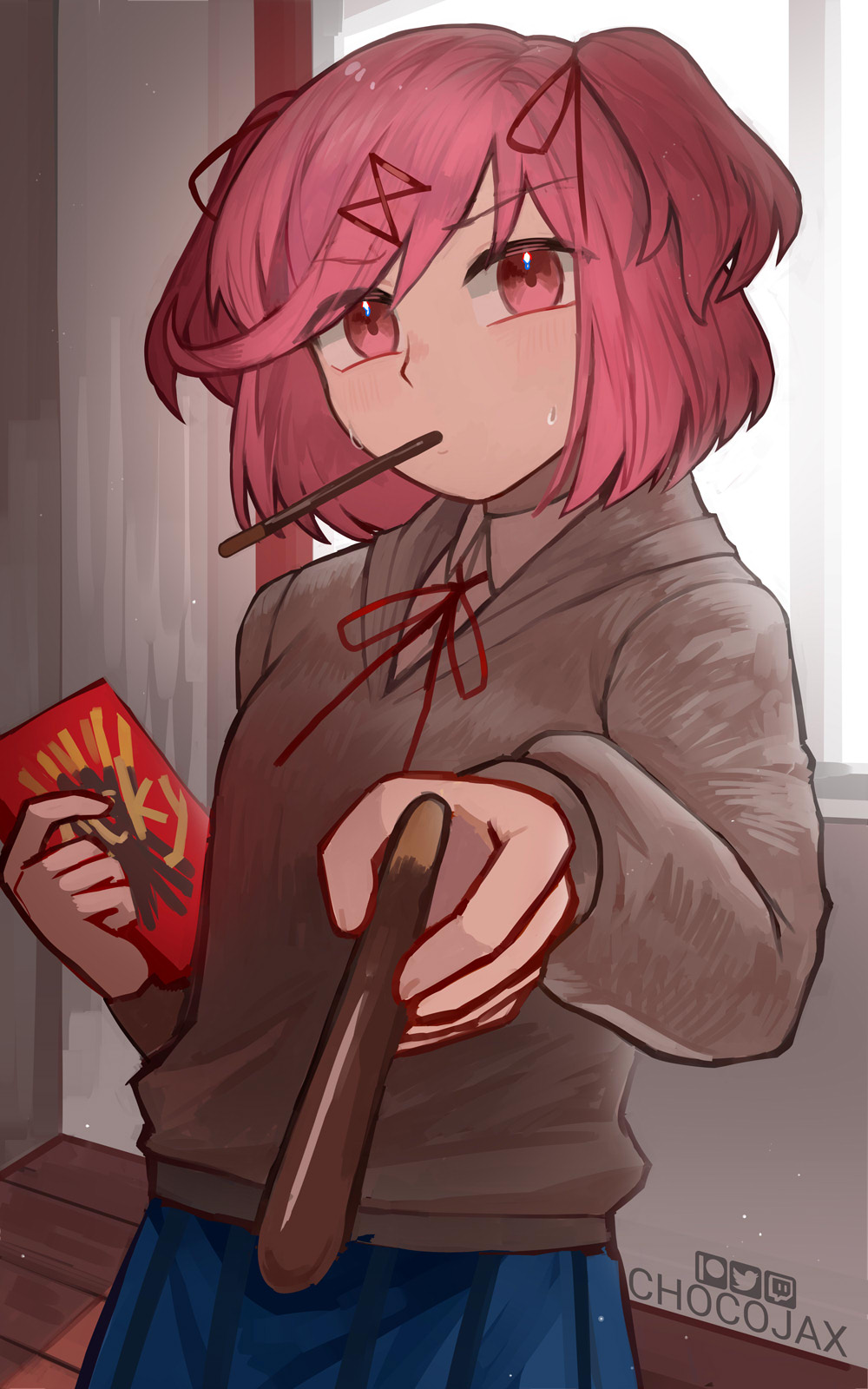 Decided to share - Anime art, Anime, Doki Doki Literature Club, Natsuki, Pocky, Pocky Day