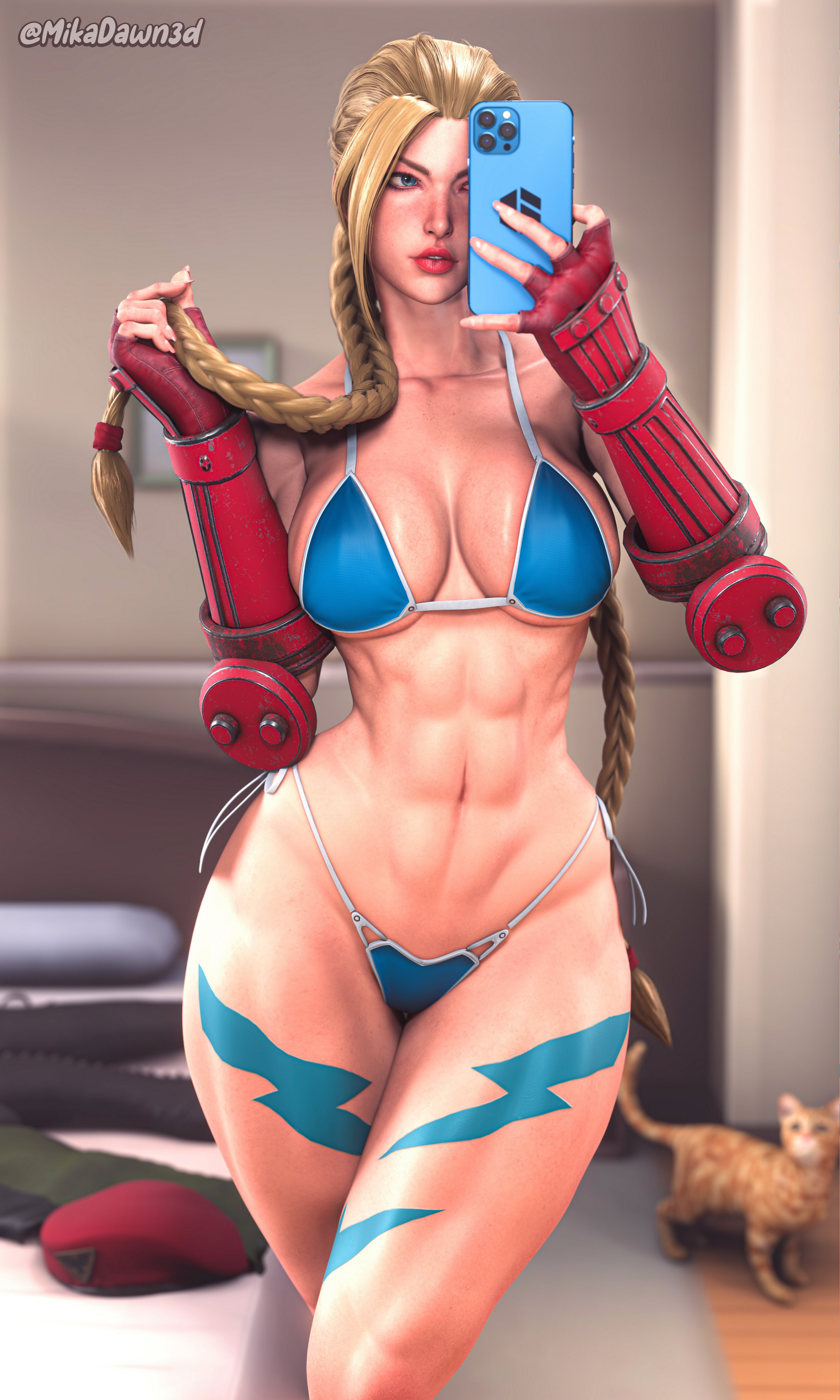 cammy - NSFW, Street fighter, Cammy white, Muscleart, 3D, Art, Swimsuit, Bikini, Street Fighter VI, Strong girl, Fitonyashka, Selfie, Press, Girls, Hips, Mikadawn3d