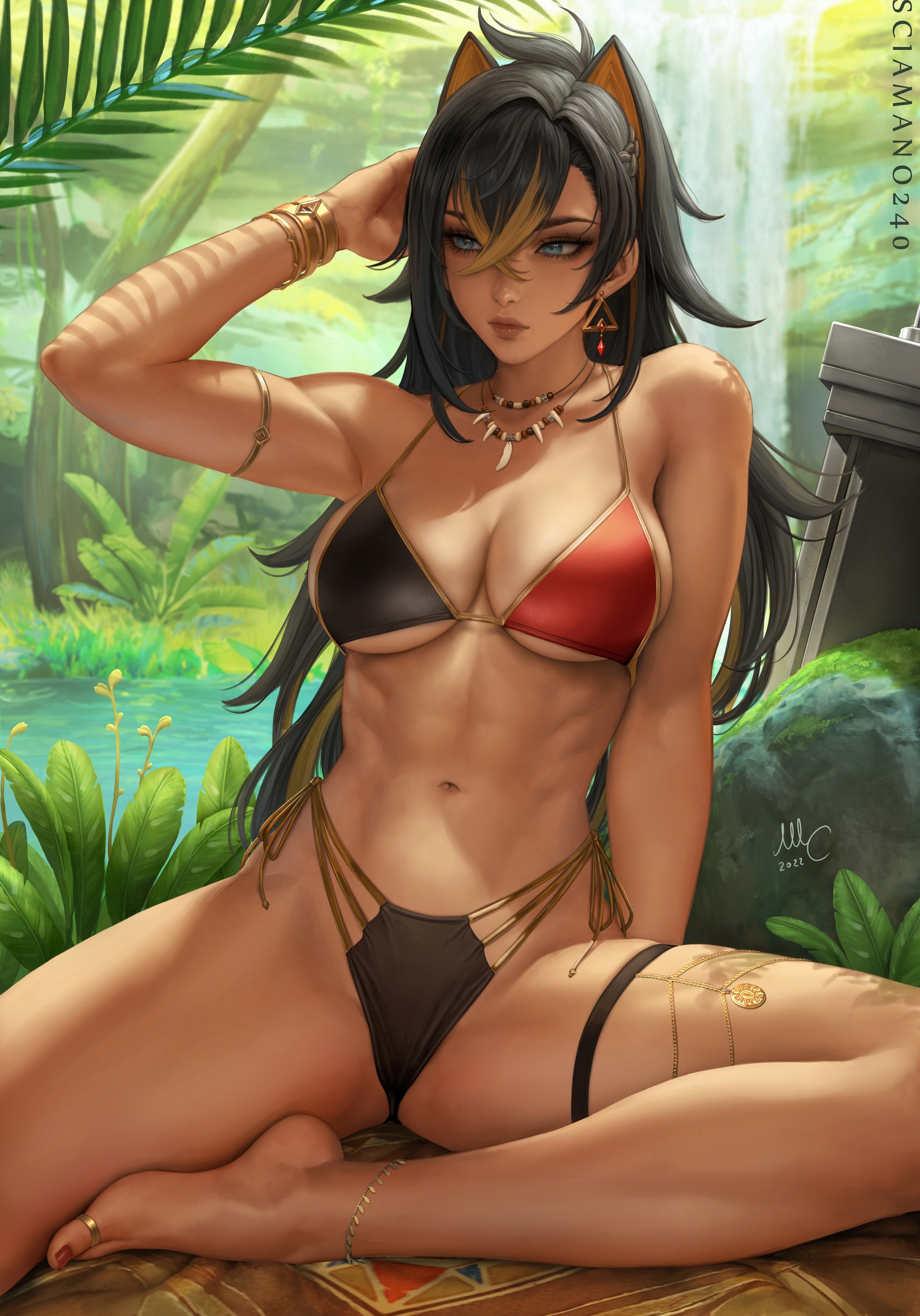 Dehya (Supplement) - NSFW, Art, Drawing, Anime art, Genshin impact, Dehya, Erotic, Hand-drawn erotica, Game art, Underwear, Swimsuit, Bikini, Boobs, Topless, Crotch, Animal ears, Sciamano240, Longpost