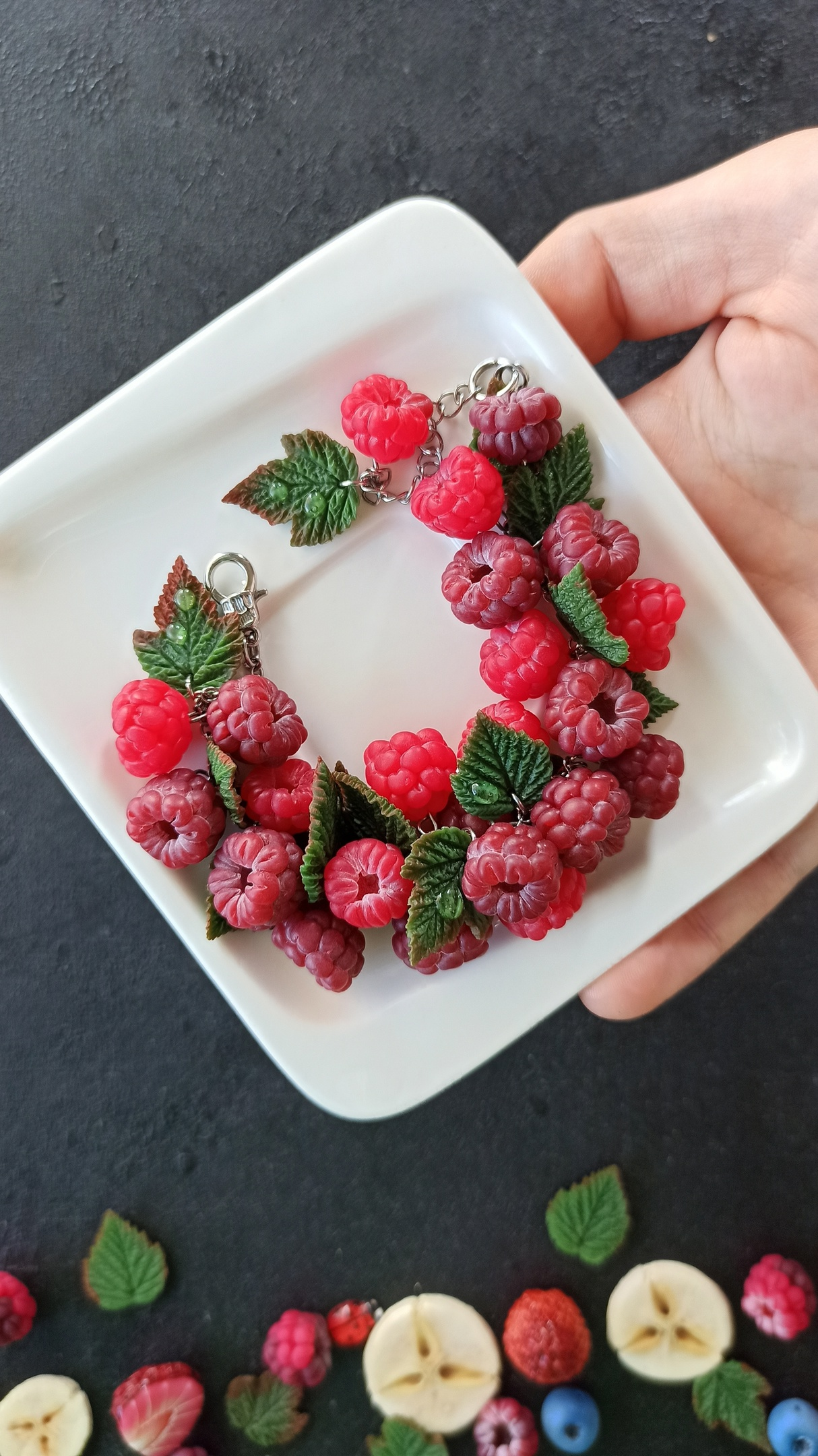 Happy Craft Day! Bracelet made of baked polymer clay. Handmade - My, Polymer clay, Лепка, Needlework without process, Raspberries, A bracelet, Longpost