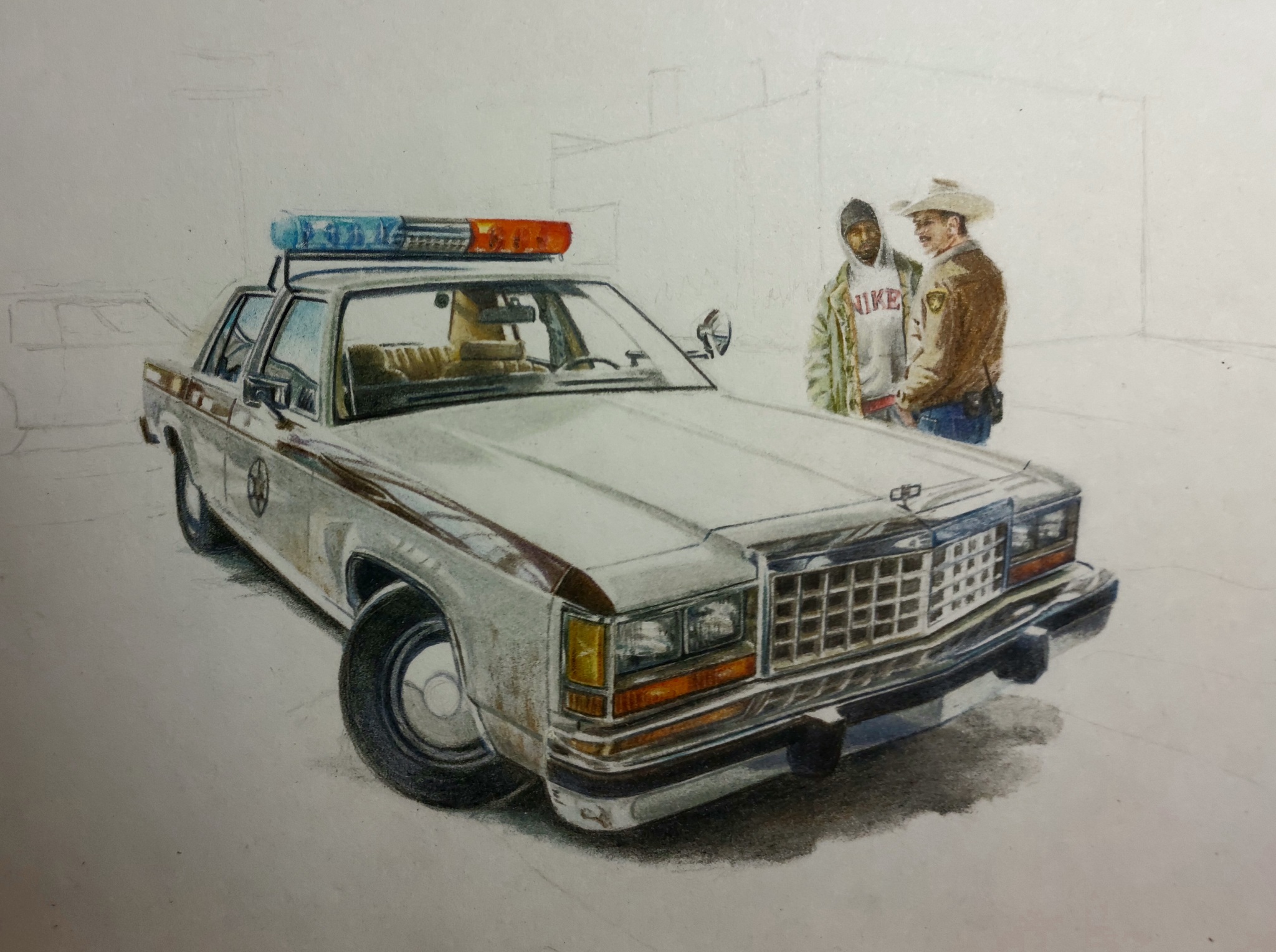 Sheriff drawing with colored pencils - My, Beginner artist, Painting, Ford, Ford Crown Victoria, US police, Police, Drawing, 80-е, Auto, Longpost