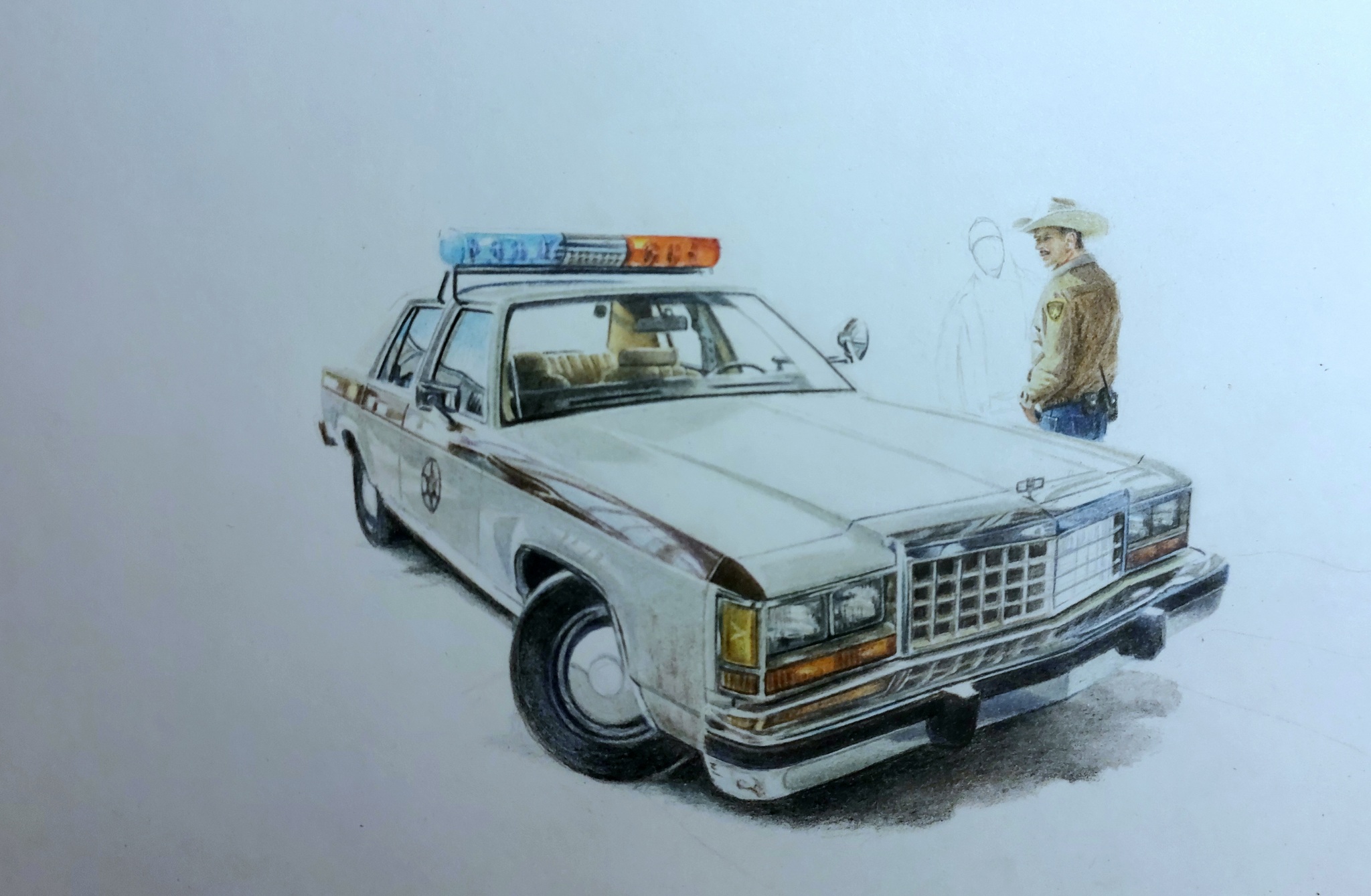 Sheriff drawing with colored pencils - My, Beginner artist, Painting, Ford, Ford Crown Victoria, US police, Police, Drawing, 80-е, Auto, Longpost