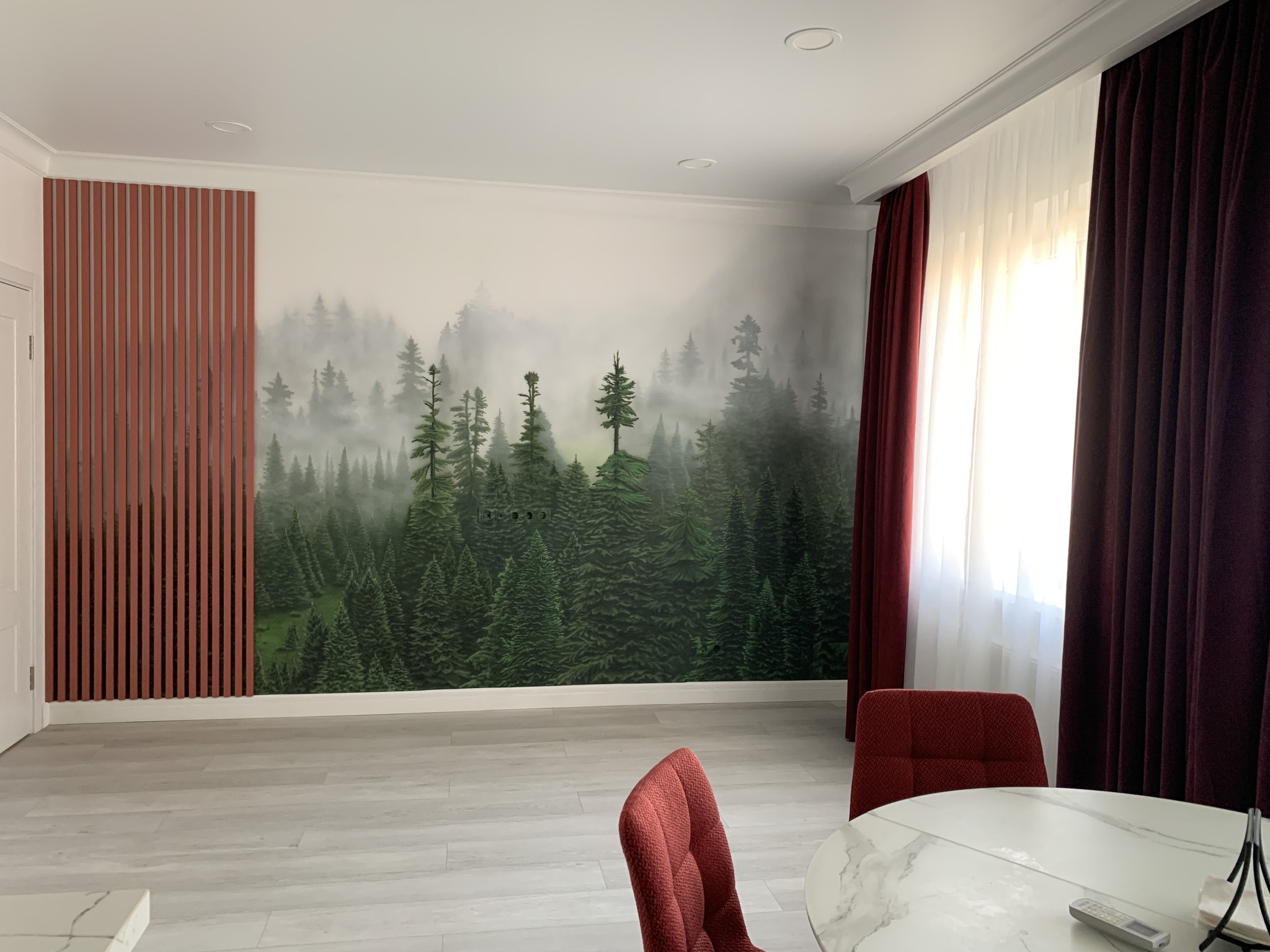 Painted a foggy forest in full wall - My, Interior, Artist, Drawing process, Painting, Airbrushing, Design, Repair, Video, Vertical video, Youtube, Longpost, Needlework with process, Interior Design