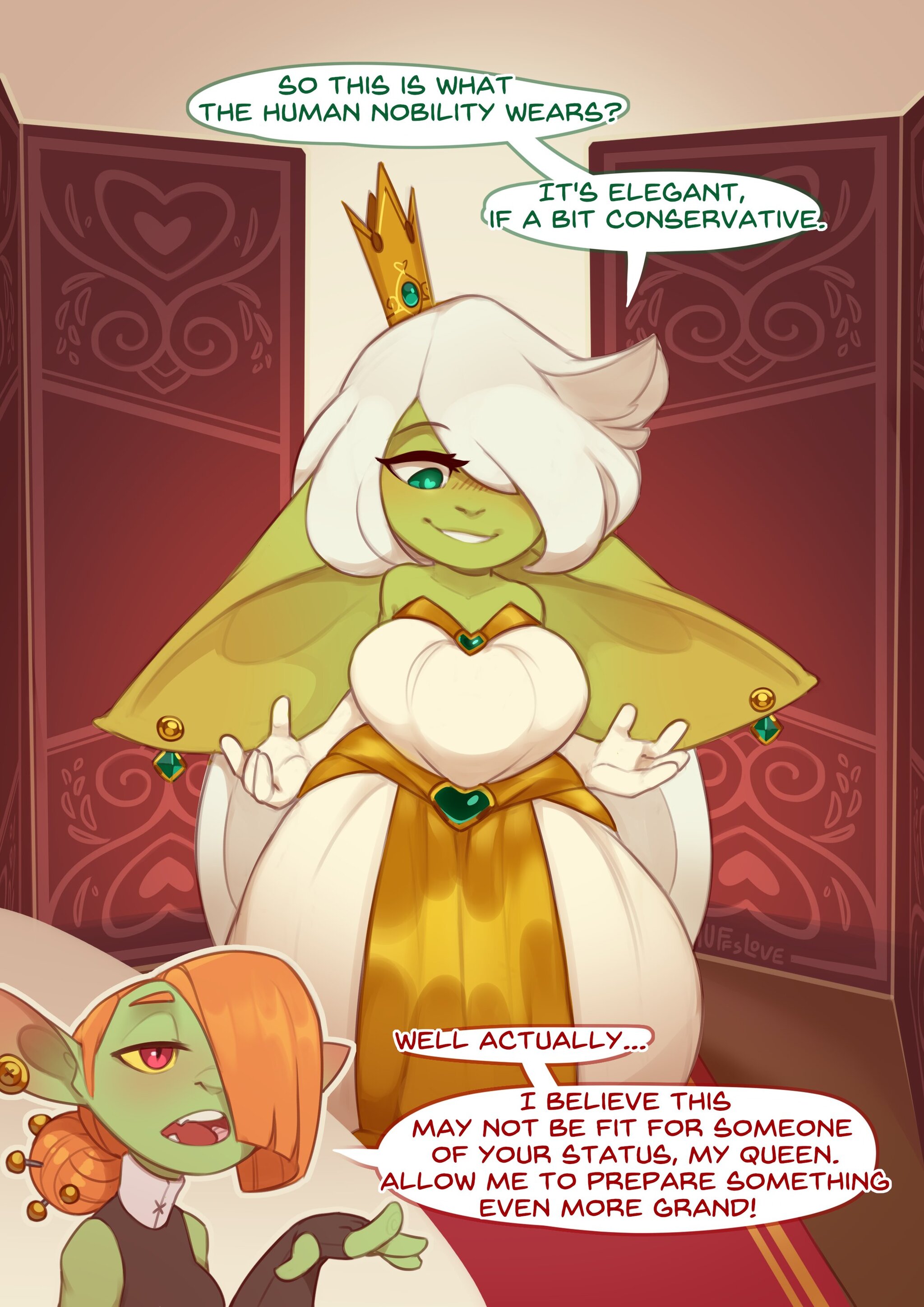 Royal outfit - NSFW, Art, Comics, Goblins, Goblin-Tian, Girls, Queen, Humor, Boobs, Huffslove, Longpost, Monster girl