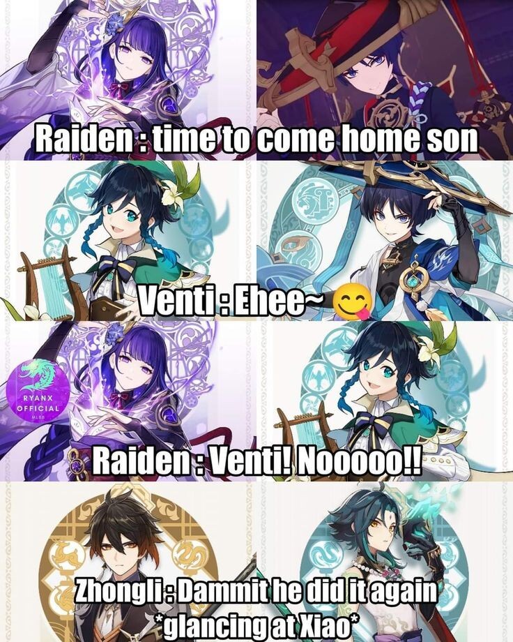 Ehetenandoyo! - Venti, Scaramouche, Xiao, Raiden shogun, Zhongli, Genshin impact, Anime, Memes