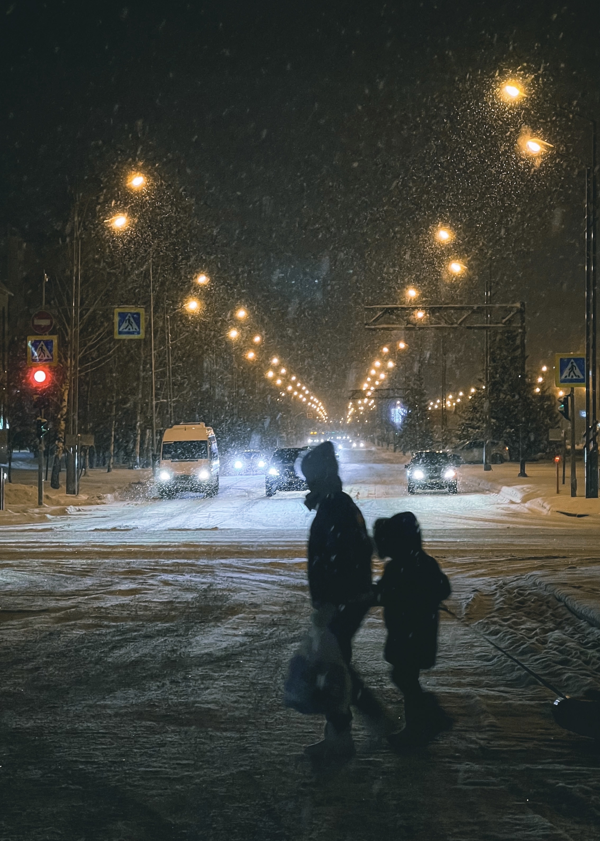 Пешеходы - Моё, Зима, Пешеход, Мобильная фотография, Вечер, Снег, Снегопад, Фонарь, Ночной город, Lightroom